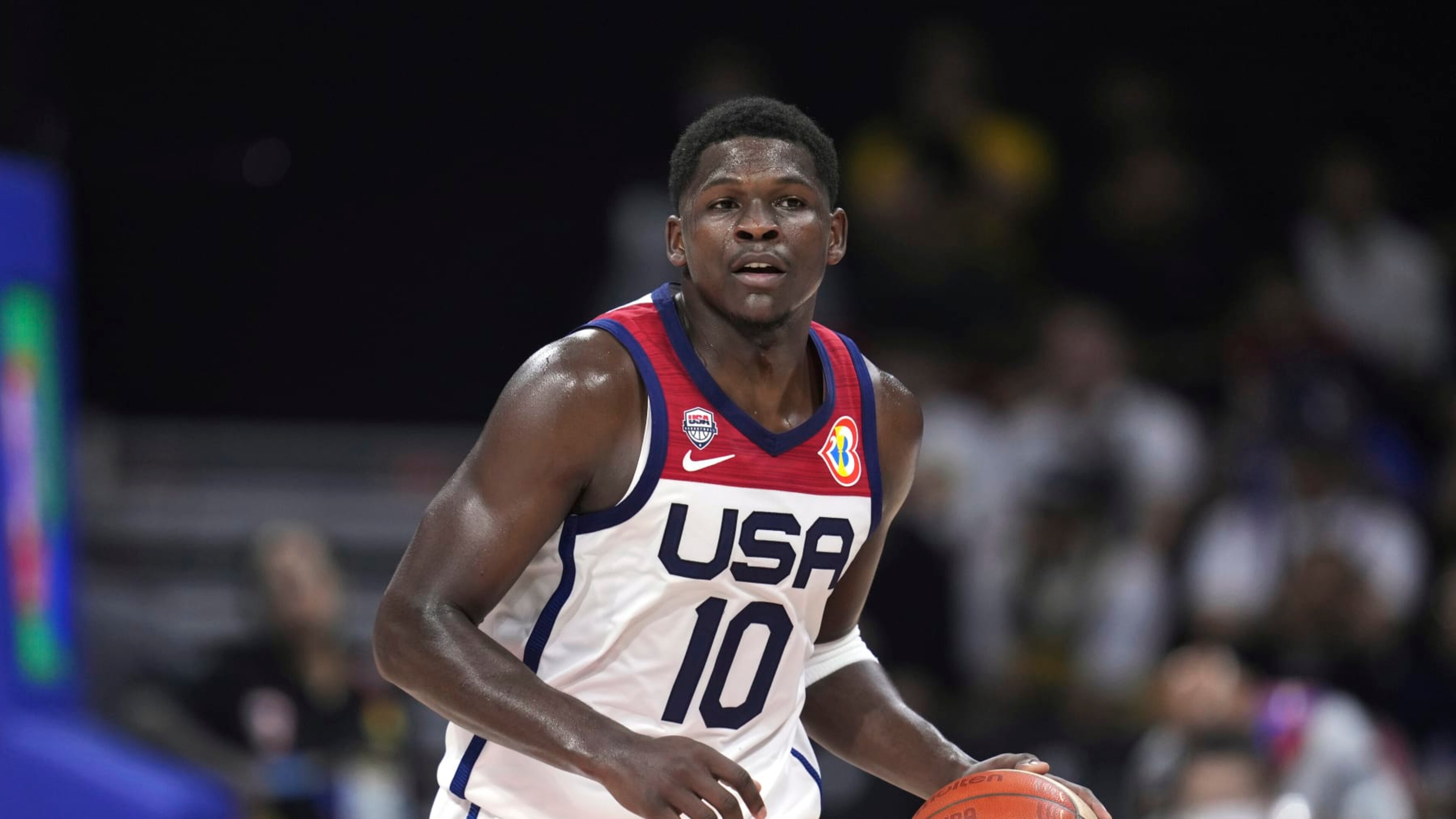 U.S. guard Anthony Edwards (10) plays against Jordan during the second half of a Basketball World Cup group C match in Manila, Philippines Wednesday, Aug. 30, 2023. (AP Photo/Michael Conroy)