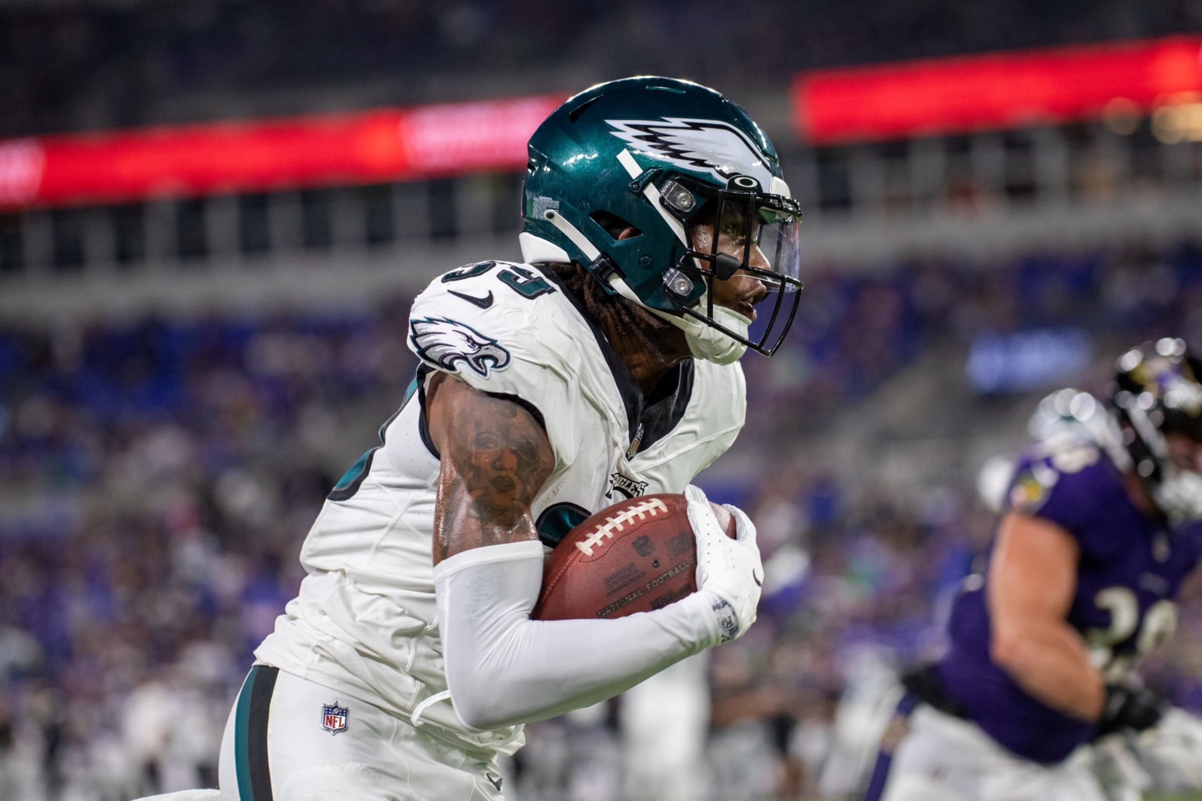 BALTIMORE, MD - AUGUST 12: Philadelphia Eagles cornerback Eli Ricks (39) returns an interception for a touchdown during an NFL pre-season game between the Philadelphia Eagles and the Baltimore Ravens on August 12, 2023, at M&T Bank Stadium in Baltimore, Maryland. (Photo by Charles Brock/Icon Sportswire via Getty Images)