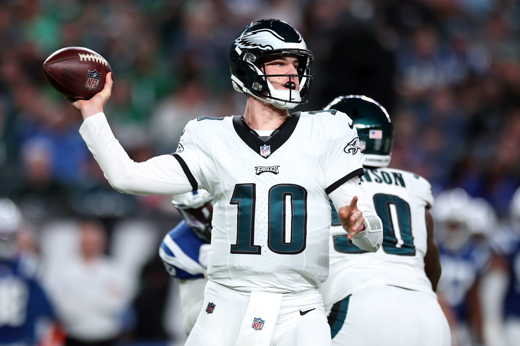 PHILADELPHIA, PENNSYLVANIA - AUGUST 24: Tanner McKee #10 of the Philadelphia Eagles passes during the first quarter against the Indianapolis Colts at Lincoln Financial Field on August 24, 2023 in Philadelphia, Pennsylvania. (Photo by Tim Nwachukwu/Getty Images)