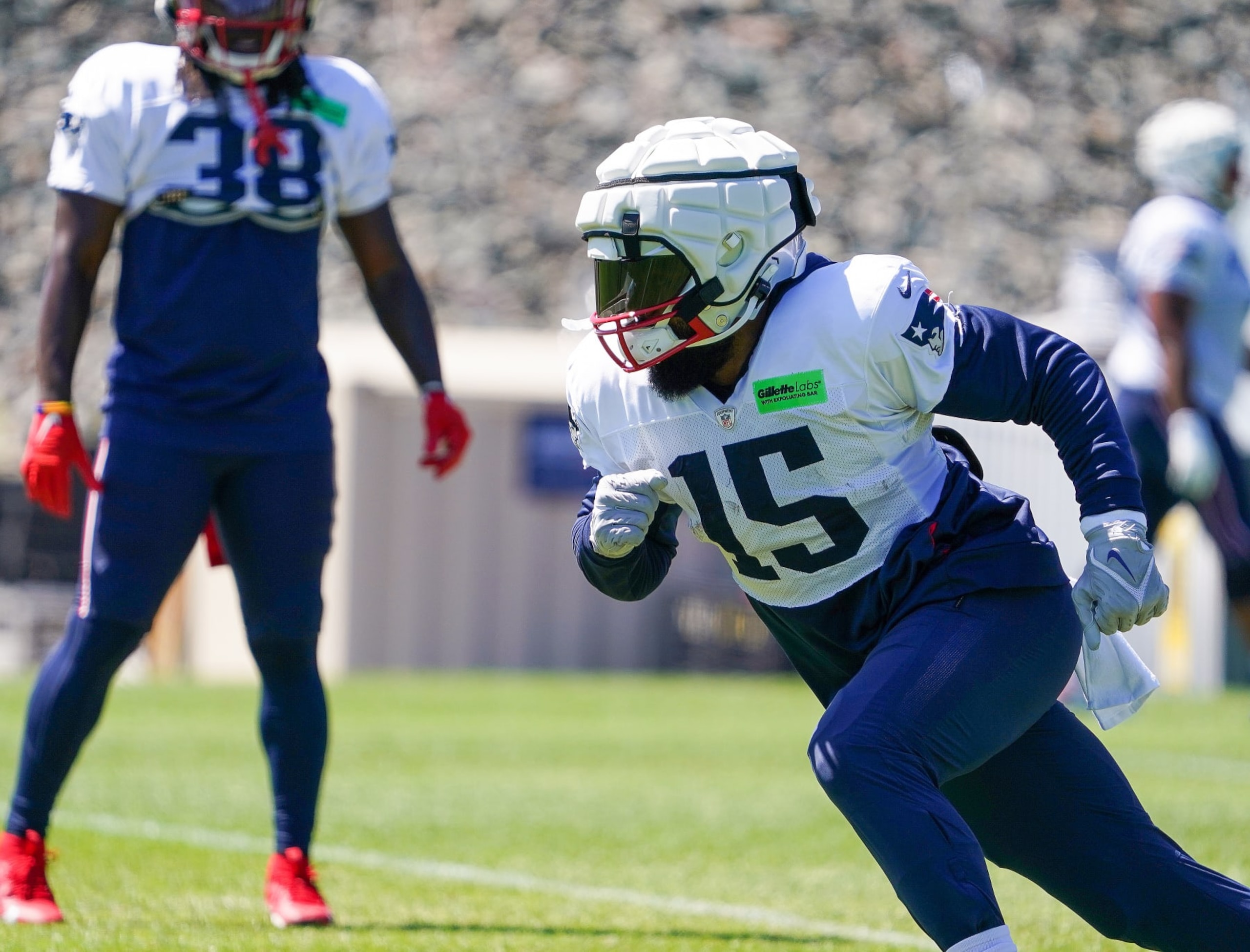 Foxborough, MA - August 23: New England Patriots RB Ezekiel Elliott participates in a drill. (Photo by Barry Chin/The Boston Globe via Getty Images)