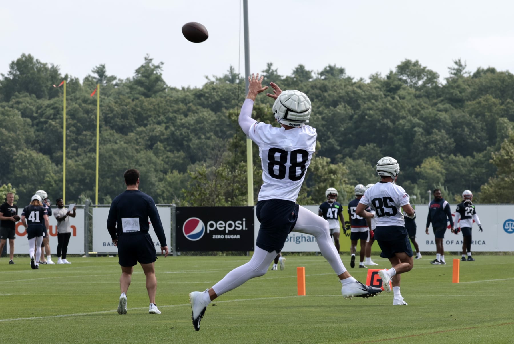 FOXBOROUGH, MA - JULY 27: New England Patriots tight end Mike Gesicki (88) goes up for a catch during New England Patriots Training Camp on July 27, 2023, at the Patriots Training Facility at Gillette Stadium in Foxborough, Massachusetts. (Photo by Fred Kfoury III/Icon Sportswire via Getty Images)