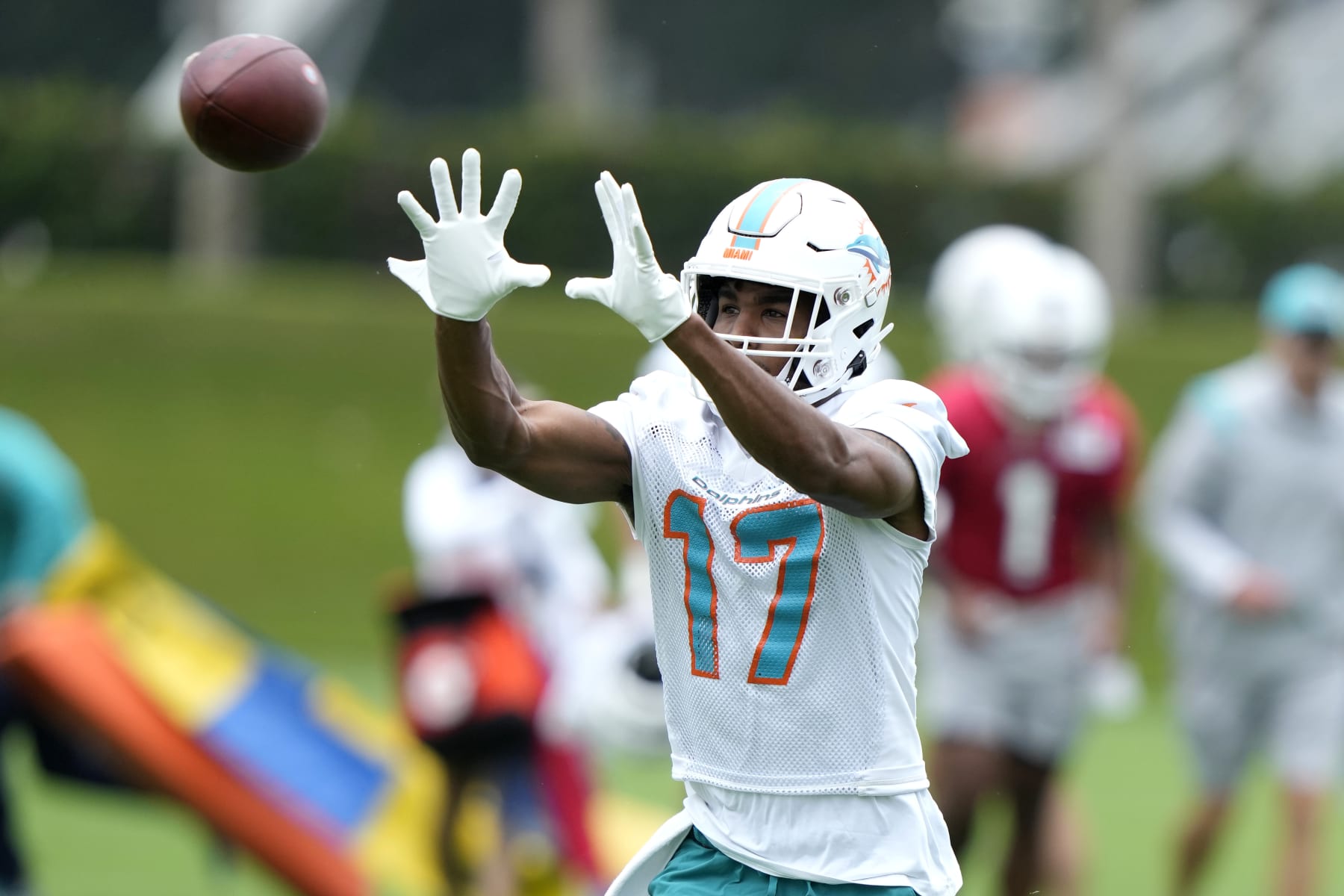 Miami Dolphins wide receiver Jaylen Waddle (17) does drills during practice at the NFL football team's training facility, Wednesday, July 26, 2023, in Miami Gardens, Fla. (AP Photo/Lynne Sladky) Miami Dolphins wide receiver Jaylen Waddle (17) does drills during practice at the NFL football team's training facility, Wednesday, July 26, 2023, in Miami Gardens, Fla. (AP Photo/Lynne Sladky)
