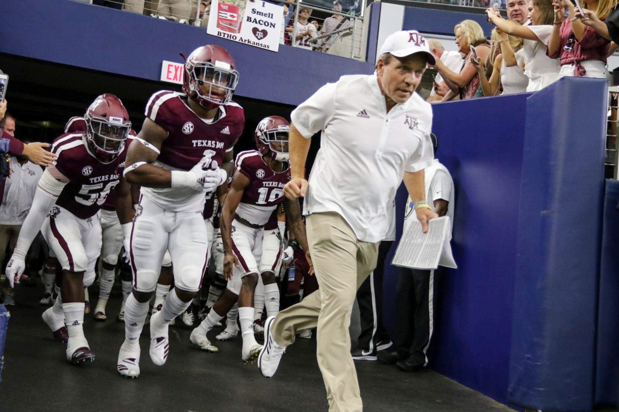 ARLINGTON, TX - SEPTEMBER 29: Texas A&M Aggies head coach Jimbo Fisher leads his team onto the field before the game between the Arkansas Razorbacks and the Texas A&M Aggies on September 29, 2018 at AT&T Stadium in Arlington, Texas. (Photo by Matthew Pearce/Icon Sportswire via Getty Images)