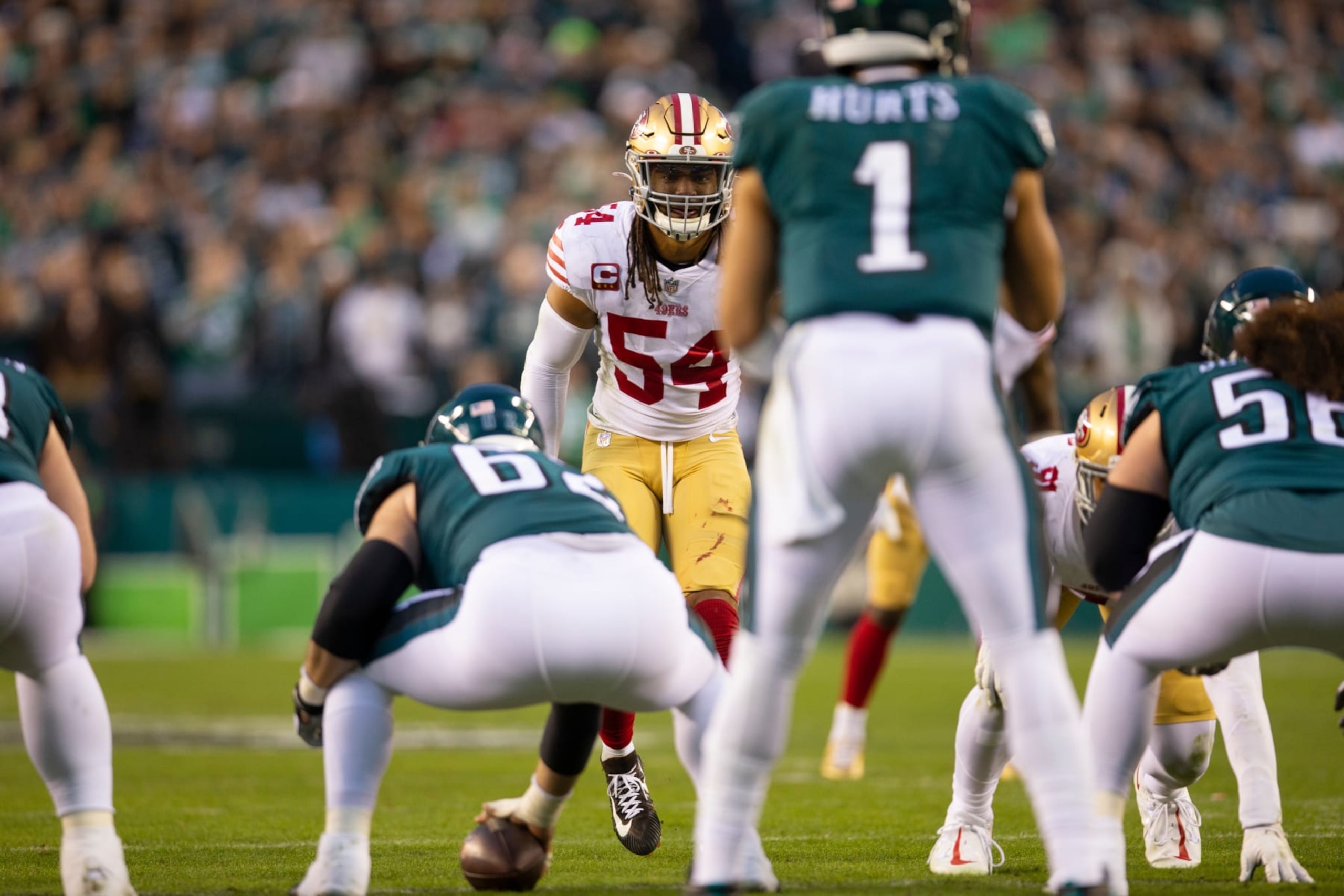 PHILADELPHIA, PA - JANUARY 29: Fred Warner #54 of the San Francisco 49ers eyes the quarterback during the NFC Championship playoff game against the Philadelphia Eagles at Lincoln Financial Field on January 29, 2023 in Philadelphia, Pennsylvania. The Eagles defeated the 49ers 31-7. (Photo by Michael Zagaris/San Francisco 49ers/Getty Images) PHILADELPHIA, PA - JANUARY 29: Fred Warner #54 of the San Francisco 49ers eyes the quarterback during the NFC Championship playoff game against the Philadelphia Eagles at Lincoln Financial Field on January 29, 2023 in Philadelphia, Pennsylvania. The Eagles defeated the 49ers 31-7. (Photo by Michael Zagaris/San Francisco 49ers/Getty Images)