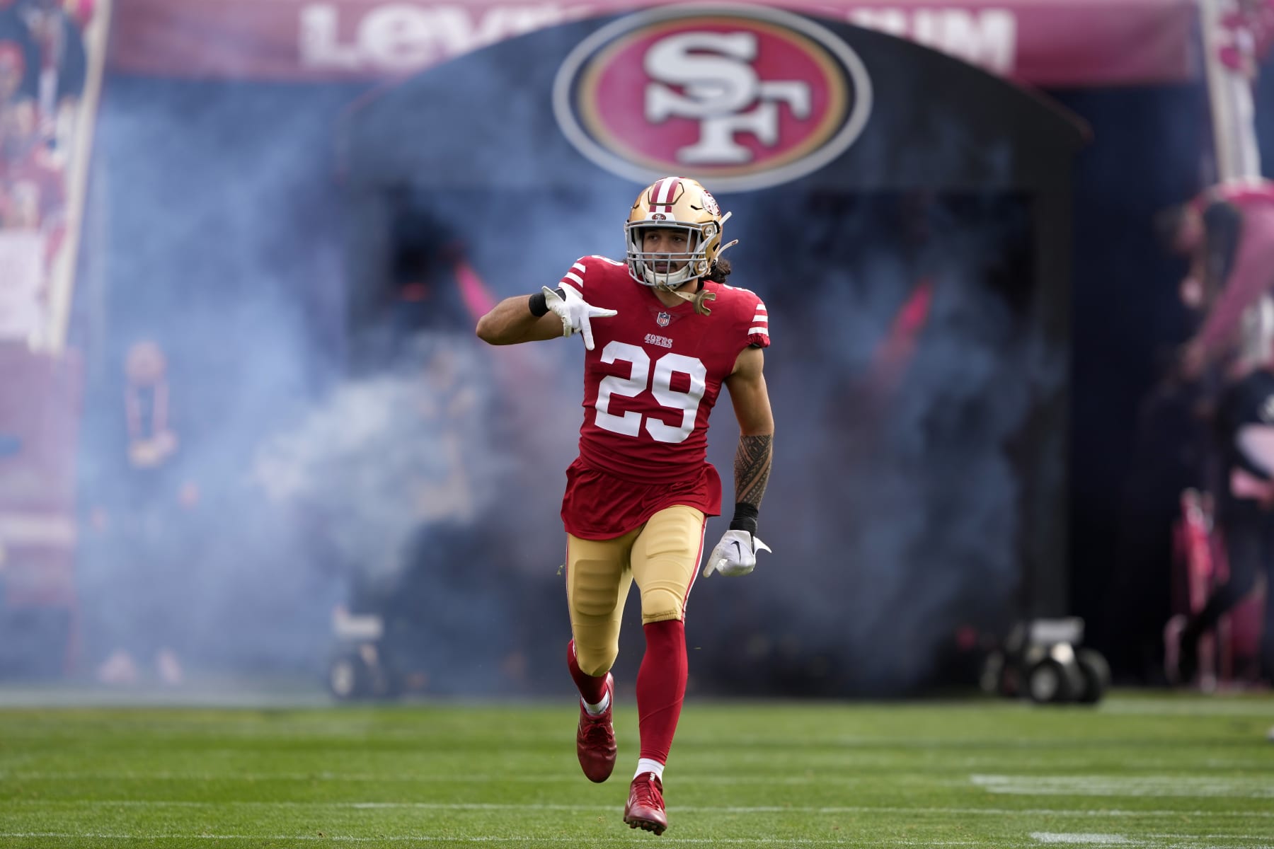 SANTA CLARA, CALIFORNIA - JANUARY 08: Talanoa Hufanga #29 of the San Francisco 49ers reacts as he takes the field prior to the game against the Arizona Cardinals at Levi's Stadium on January 08, 2023 in Santa Clara, California. (Photo by Thearon W. Henderson/Getty Images)
