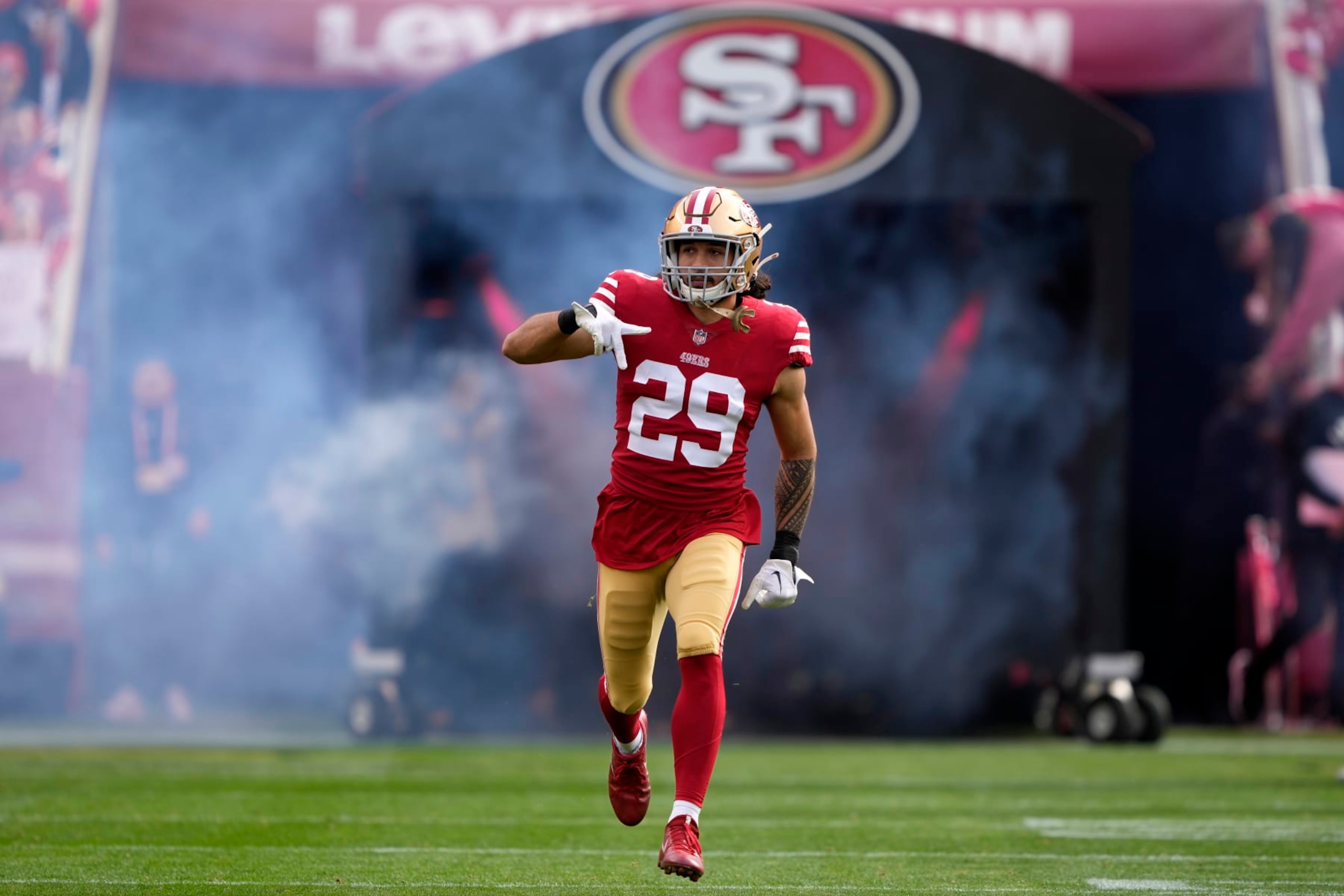 SANTA CLARA, CALIFORNIA - JANUARY 08: Talanoa Hufanga #29 of the San Francisco 49ers reacts as he takes the field prior to the game against the Arizona Cardinals at Levi's Stadium on January 08, 2023 in Santa Clara, California. (Photo by Thearon W. Henderson/Getty Images) SANTA CLARA, CALIFORNIA - JANUARY 08: Talanoa Hufanga #29 of the San Francisco 49ers reacts as he takes the field prior to the game against the Arizona Cardinals at Levi's Stadium on January 08, 2023 in Santa Clara, California. (Photo by Thearon W. Henderson/Getty Images)