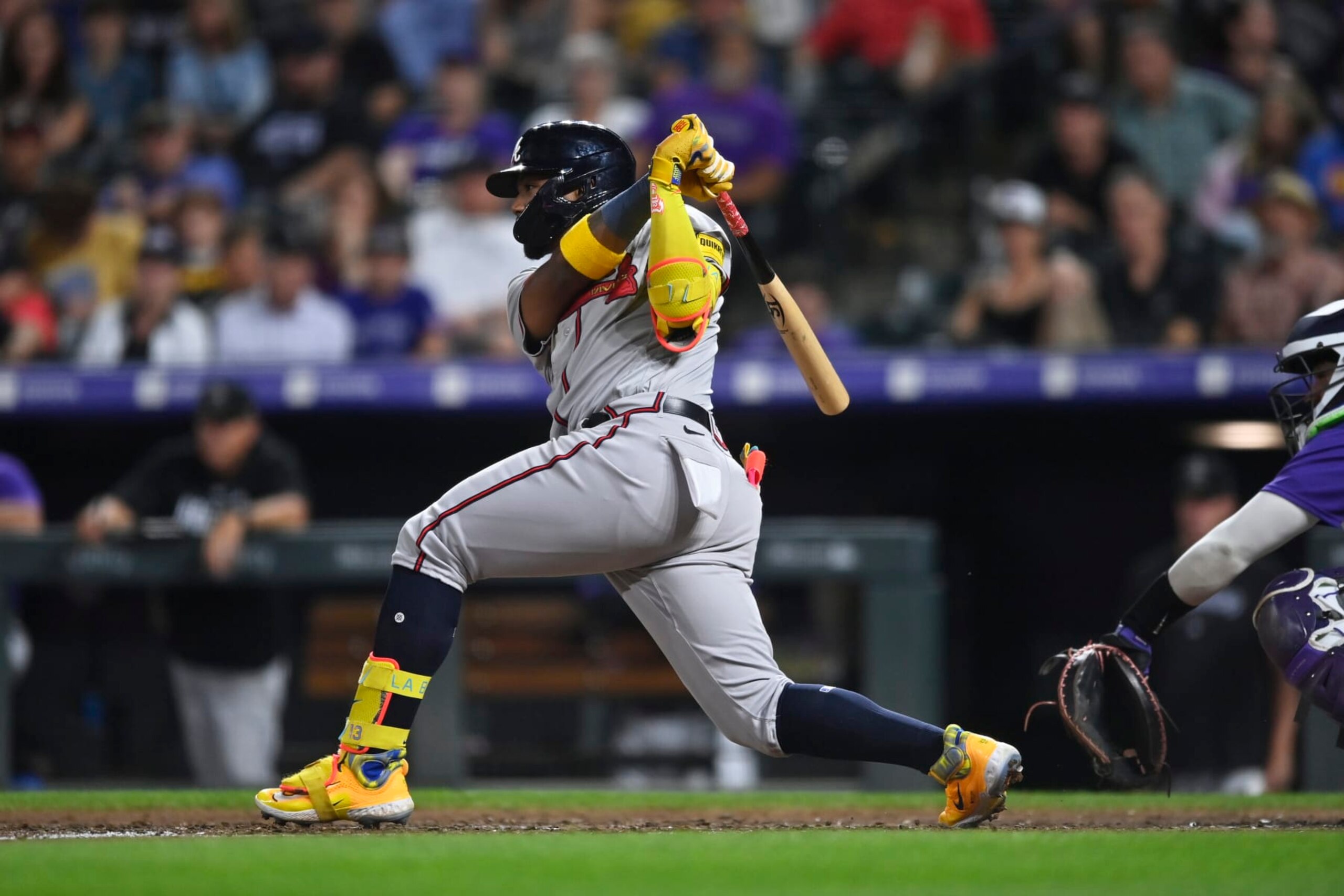 DENVER, CO - AUGUST 29: Ronald Acuña Jr. #13 of the Atlanta Braves bats during the game between the Atlanta Braves and the Colorado Rockies at Coors Field on Tuesday, August 29, 2023 in Denver, Colorado. (Photo by Dustin Bradford/MLB Photos via Getty Images)