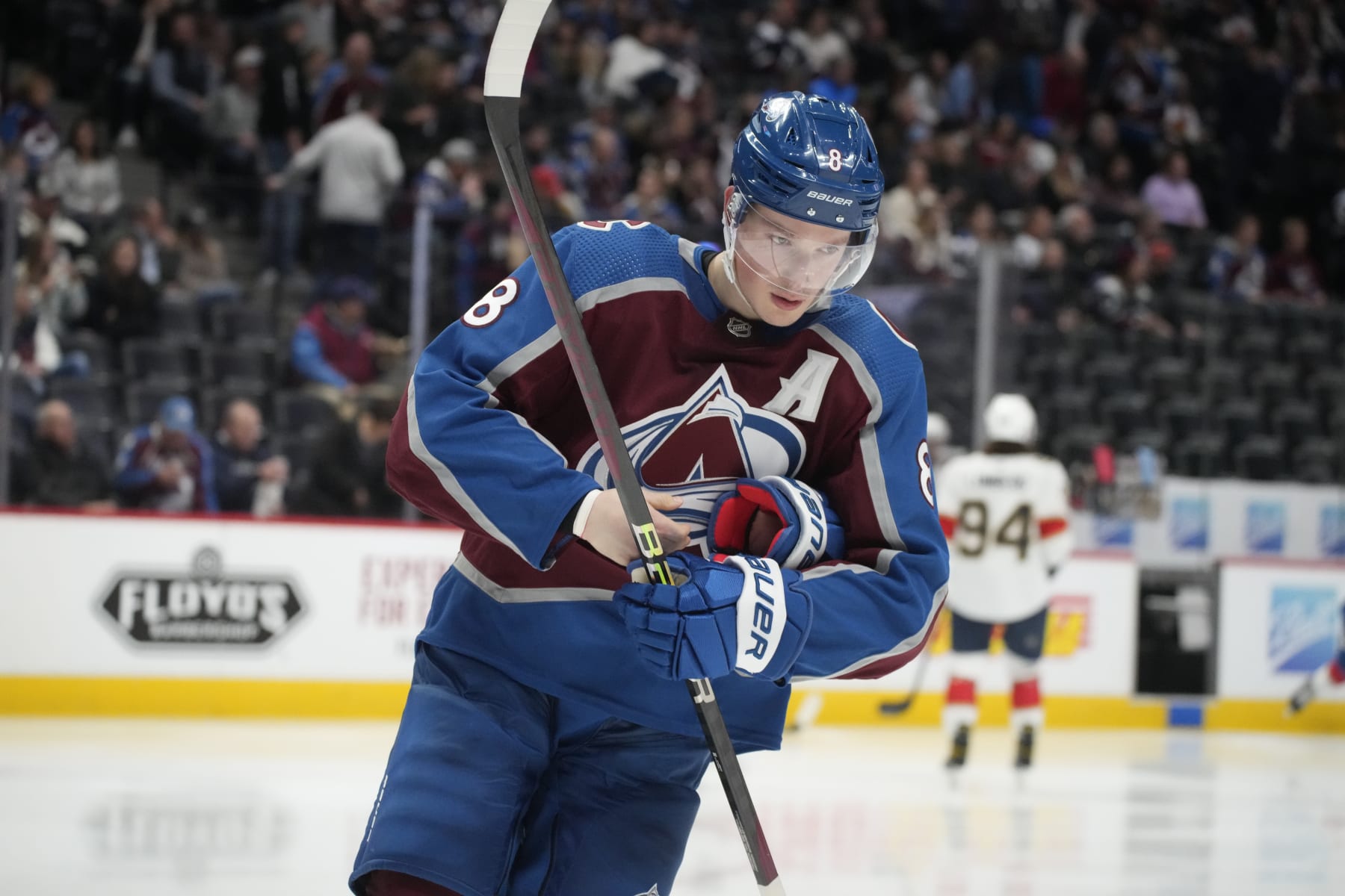 Colorado Avalanche defenseman Cale Makar (8) in the second period of an NHL hockey game Tuesday, Jan. 10, 2023, in Denver. (AP Photo/David Zalubowski)
