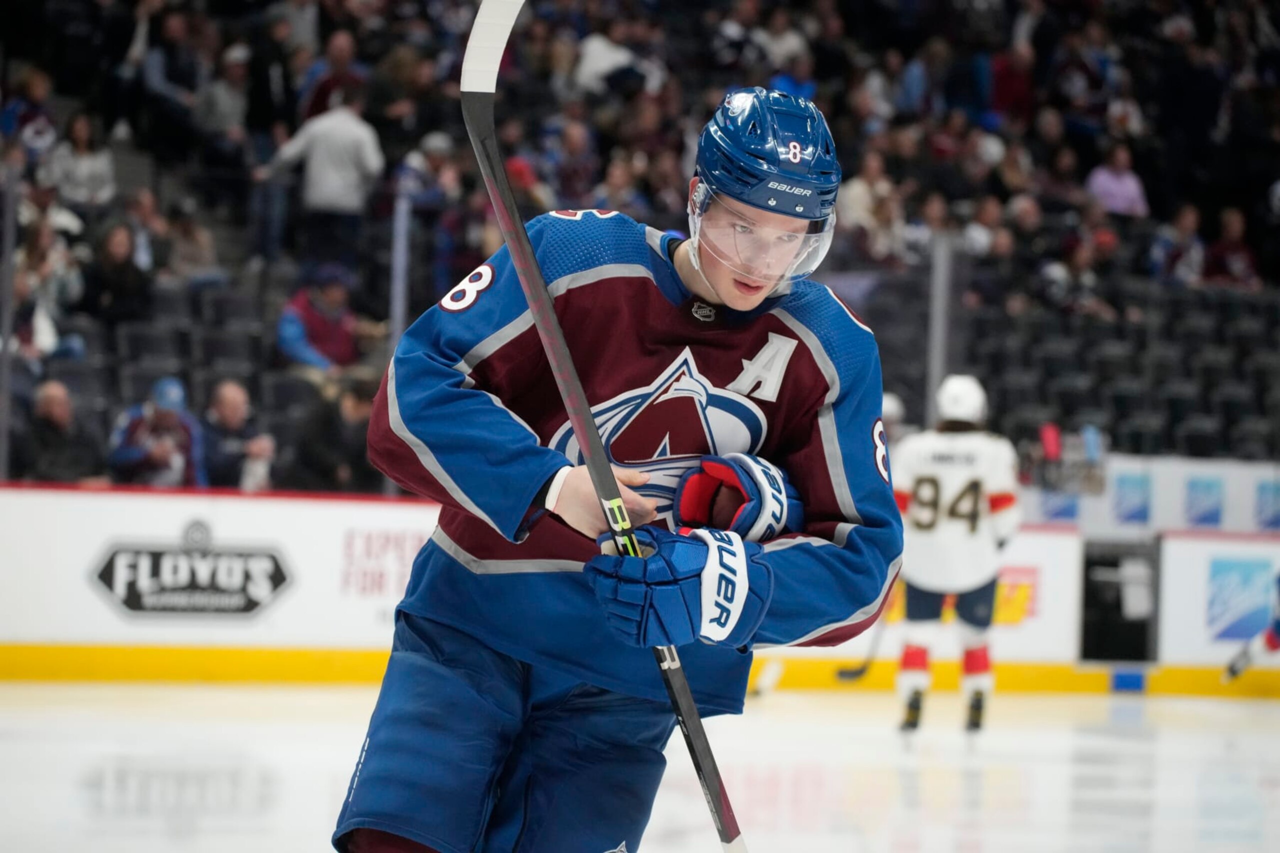 Colorado Avalanche defenseman Cale Makar (8) in the second period of an NHL hockey game Tuesday, Jan. 10, 2023, in Denver. (AP Photo/David Zalubowski)