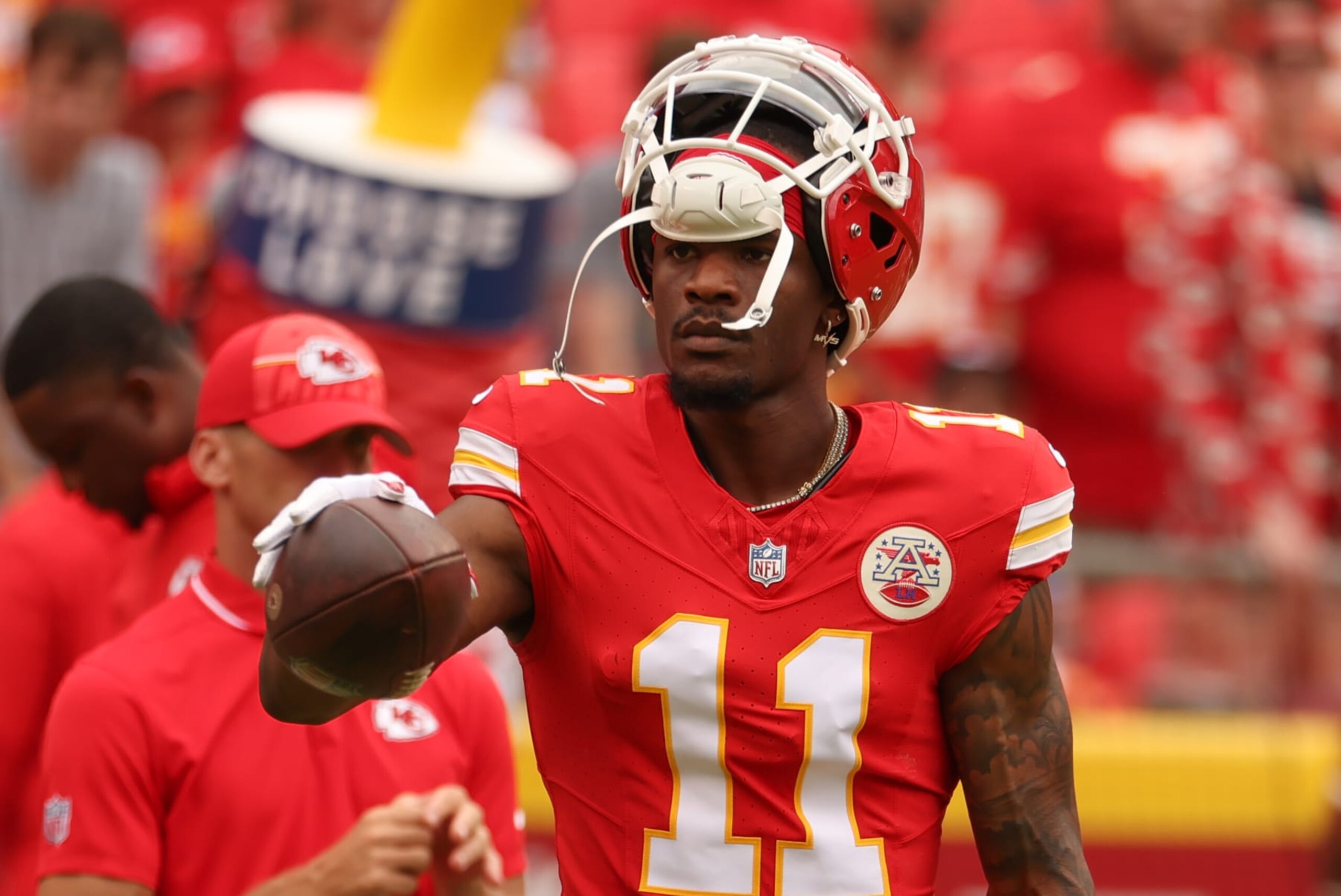 KANSAS CITY, MO - AUGUST 26: Kansas City Chiefs wide receiver Marquez Valdes-Scantling (11) before an NFL preseason game between the Cleveland Browns and Kansas City Chiefs on Aug 26, 2023 at GEHA Field at Arrowhead Stadium in Kansas City, MO. (Photo by Scott Winters/Icon Sportswire via Getty Images)