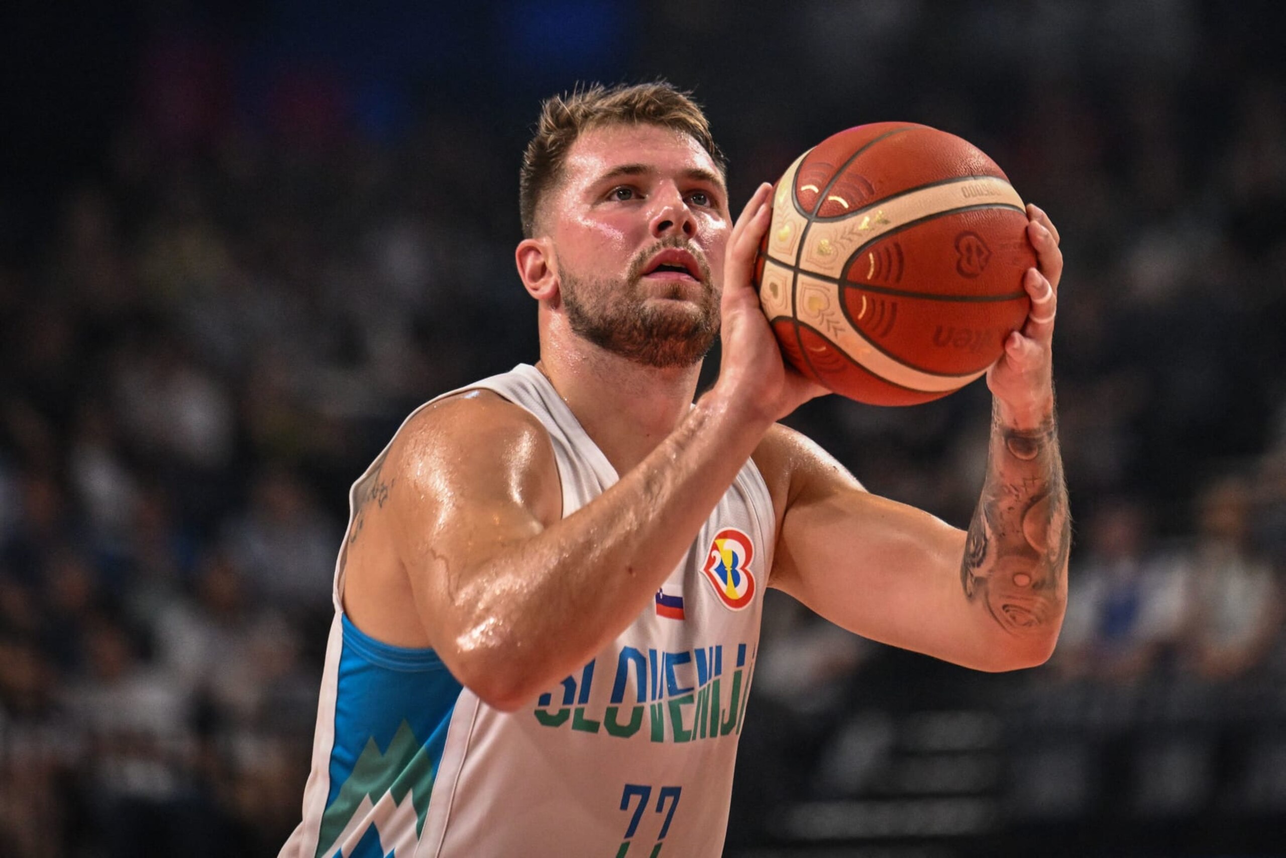 Slovenia's Luka Doncic shoots a free throw during the FIBA Basketball World Cup group F match between Slovenia and Cape Verde at Okinawa Arena in Okinawa on August 30, 2023. (Photo by Yuichi YAMAZAKI / AFP) (Photo by YUICHI YAMAZAKI/AFP via Getty Images)