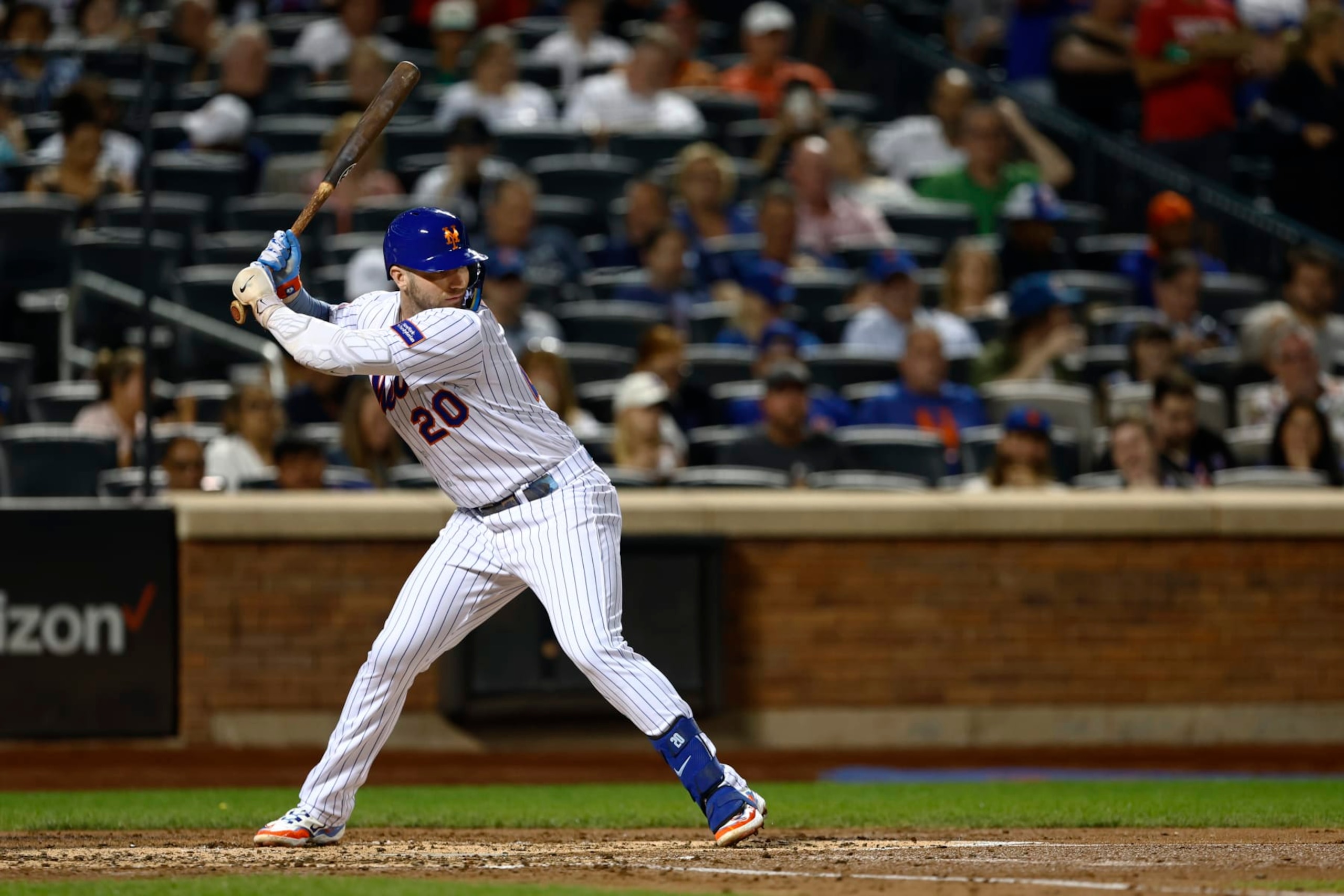 NEW YORK, NEW YORK - AUGUST 28: Pete Alonso #20 of the New York Mets in action against the Texas Rangers during a game at Citi Field on August 28, 2023 in New York City. (Photo by Rich Schultz/Getty Images)
