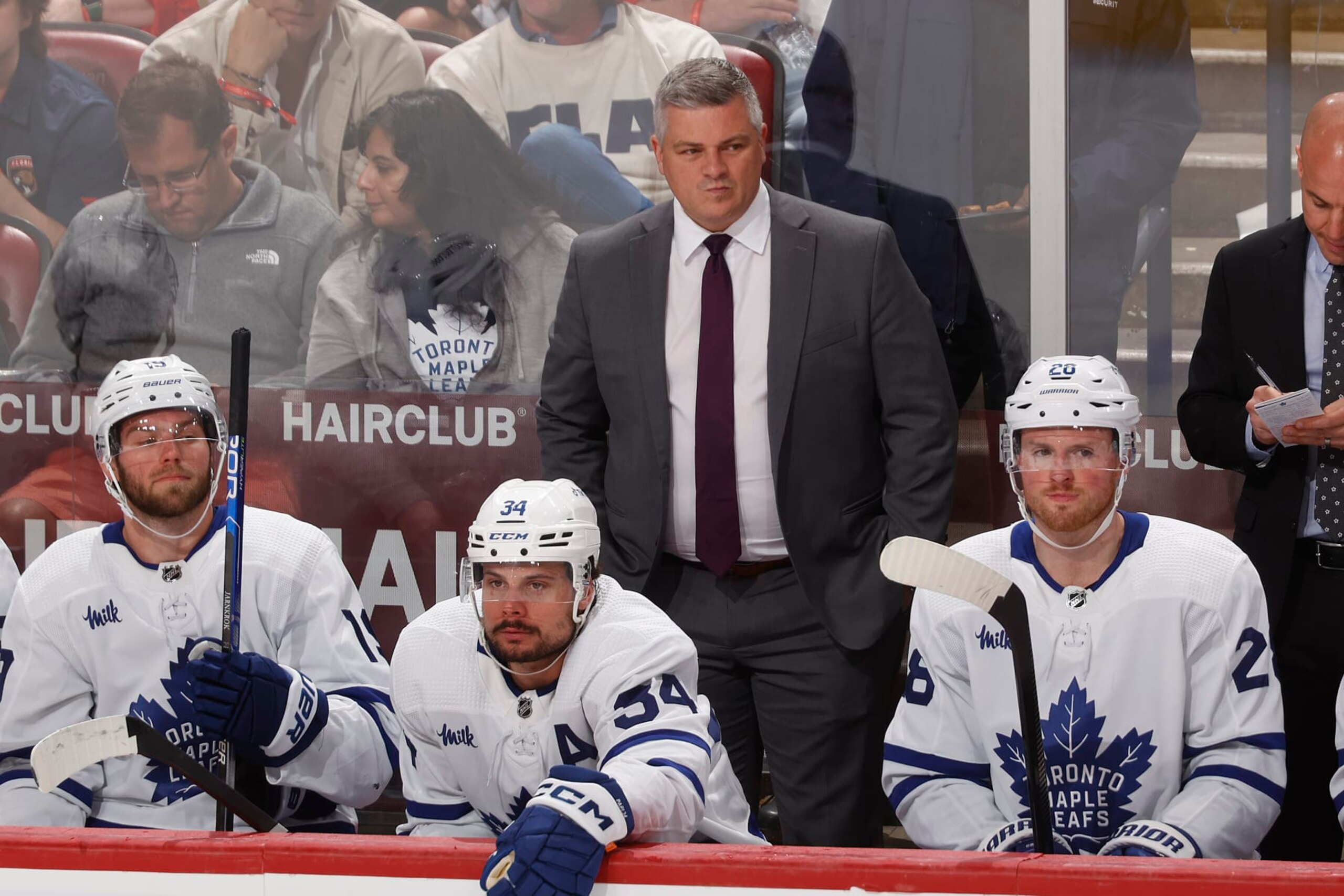 SUNRISE, FL - MAY 10: Head coach Sheldon Keefe of the Toronto Maple Leafs looks on during third-period action against the Florida Panthers in Game Four of the Second Round of the 2023 Stanley Cup Playoffs at the FLA Live Arena on May 10, 2023 in Sunrise, Florida. (Photo by Joel Auerbach/Getty Images)