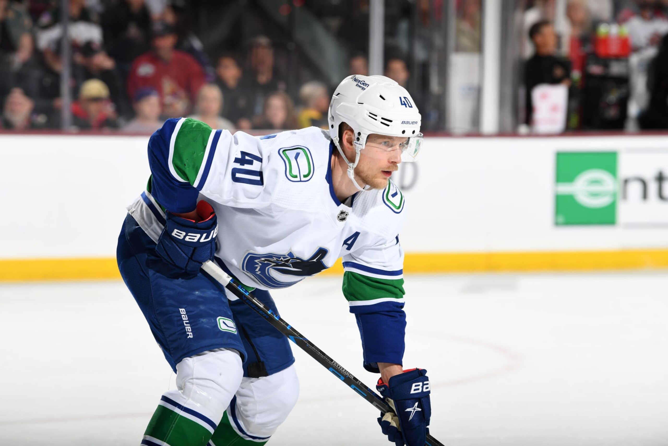 TEMPE, ARIZONA - APRIL 13: Elias Pettersson #40 of the Vancouver Canucks gets ready during a face off against the Arizona Coyotes at Mullett Arena on April 13, 2023 in Tempe, Arizona. (Photo by Norm Hall/NHLI via Getty Images) TEMPE, ARIZONA - APRIL 13: Elias Pettersson #40 of the Vancouver Canucks gets ready during a face off against the Arizona Coyotes at Mullett Arena on April 13, 2023 in Tempe, Arizona. (Photo by Norm Hall/NHLI via Getty Images)