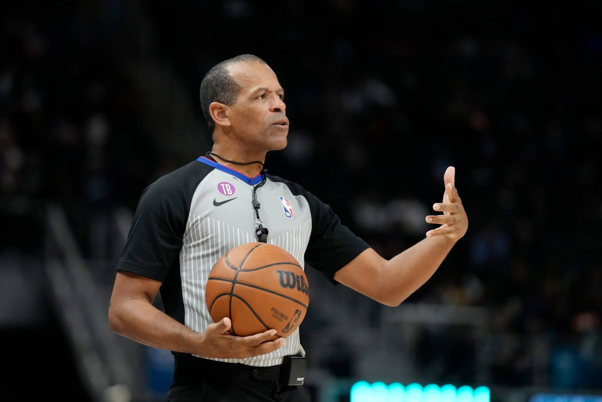 Referee Eric Lewis officiates during the first half of an NBA basketball game between the Detroit Pistons and the Utah Jazz, Tuesday, Dec. 20, 2022, in Detroit. (AP Photo/Carlos Osorio)