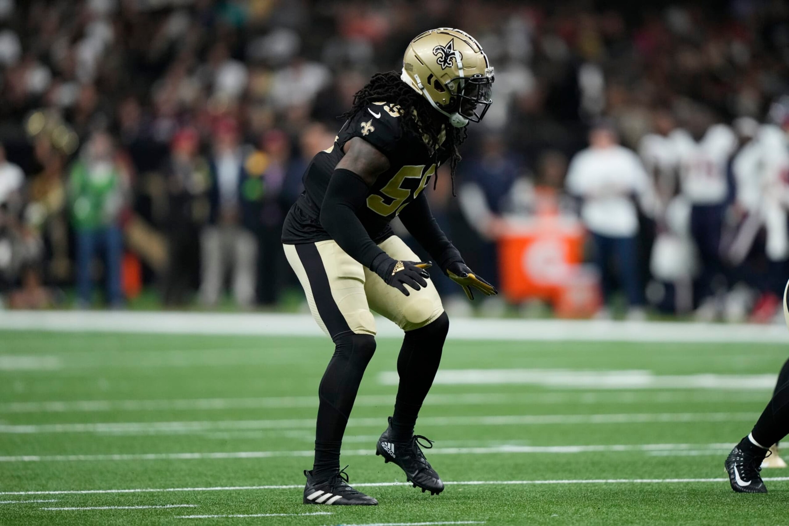 New Orleans Saints linebacker Jaylon Smith (59) defends in the first half of an NFL preseason football game against the Houston Texans in New Orleans, Sunday, Aug. 27, 2023. (AP Photo/Gerald Herbert)