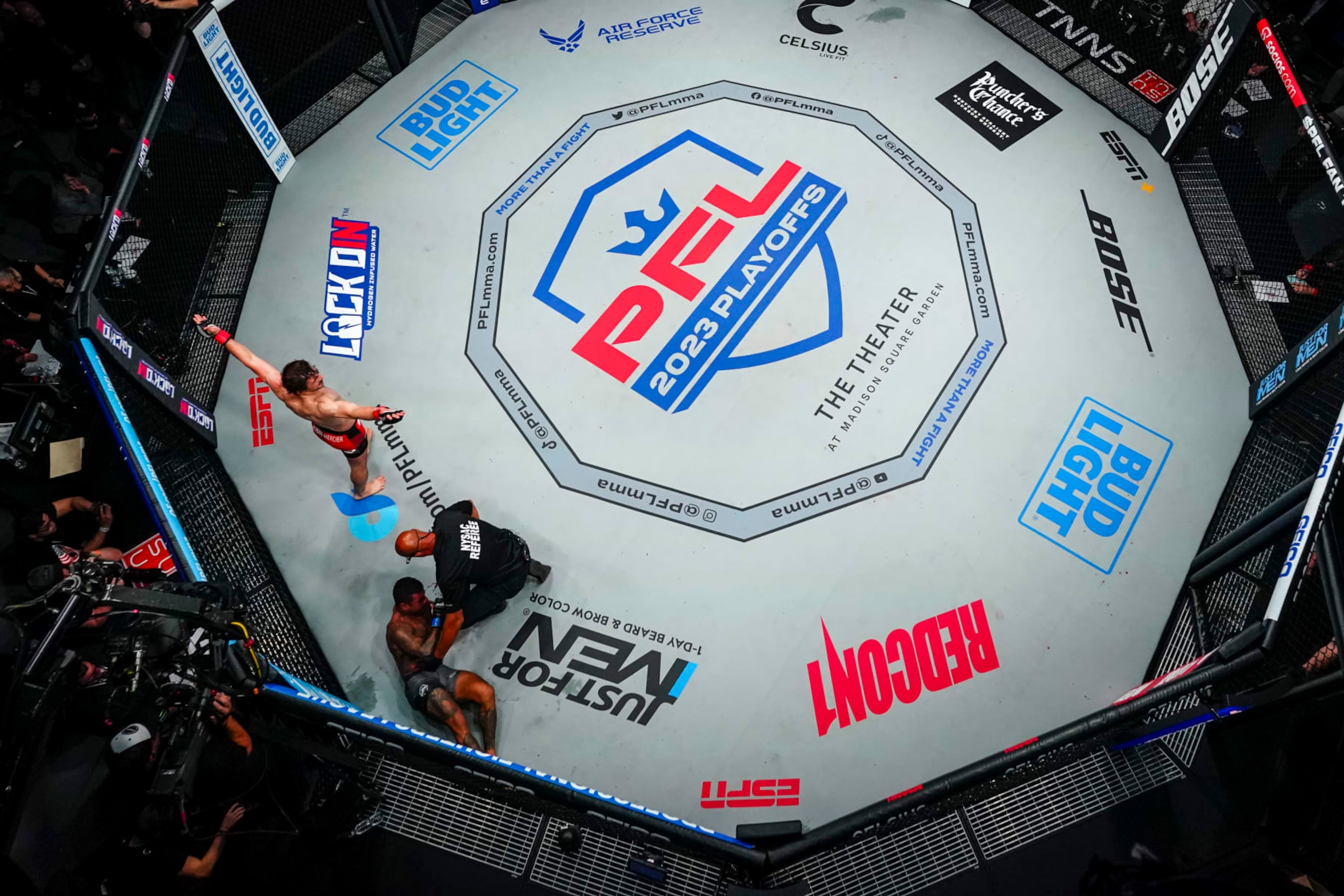 NEW YORK CITY, NY - AUGUST 23: Olivier Aubin-Mercier celebrates after defeating Bruno Miranda during PFL 2023 week 9 at The Theater at Madison Square Garden on August 23, 2023 in New York City. (Photo by Cooper Neill/Getty Images)