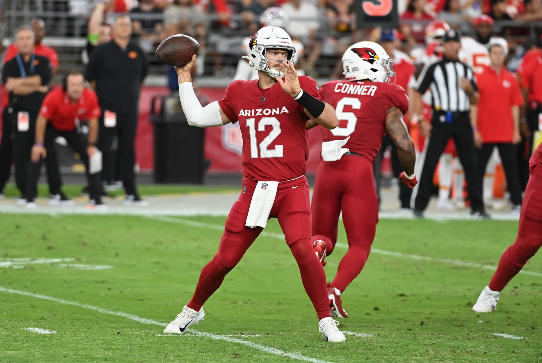 GLENDALE, ARIZONA - AUGUST 19: Colt McCoy #12 of the Arizona Cardinals throws the ball during a preseason game against the Kansas City Chiefs at State Farm Stadium on August 19, 2023 in Glendale, Arizona. (Photo by Norm Hall/Getty Images)