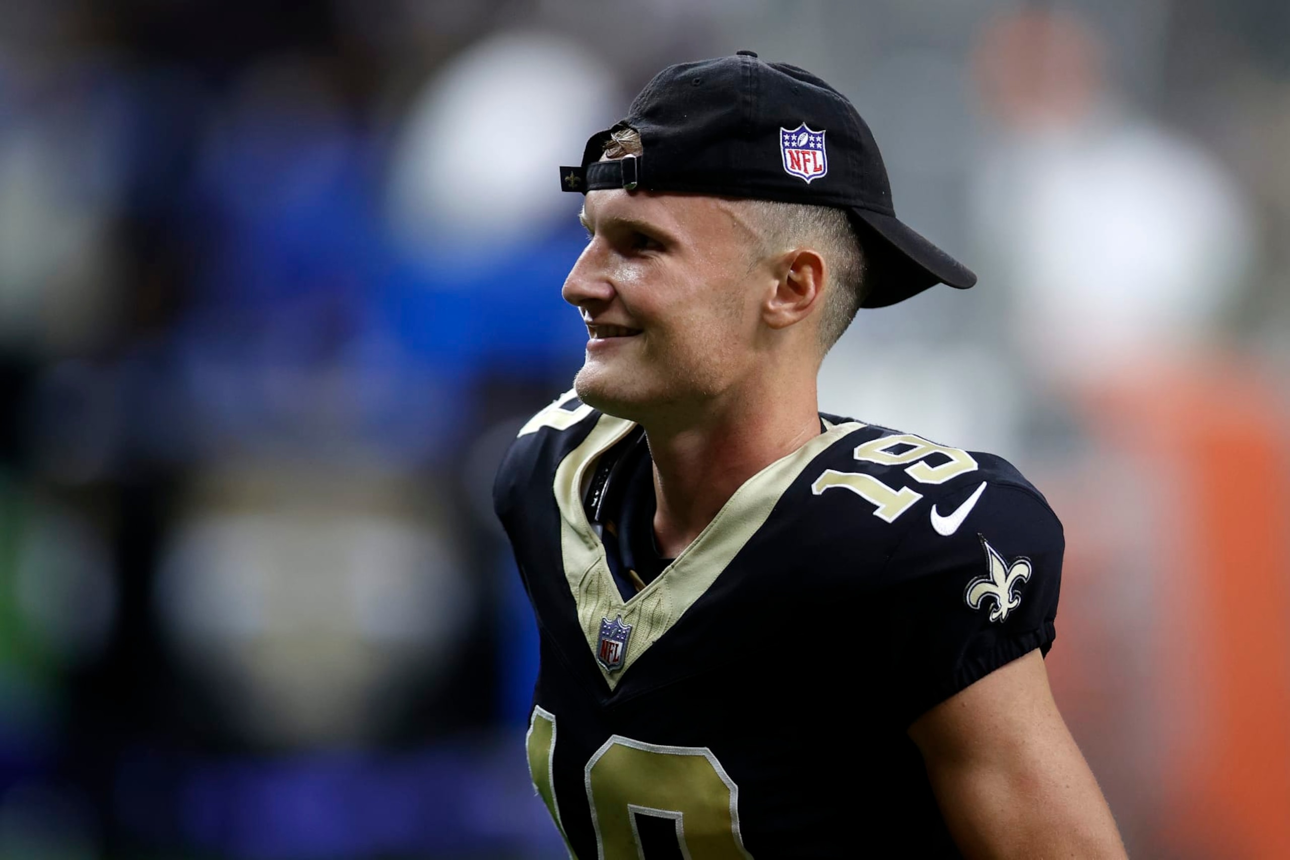NEW ORLEANS, LOUISIANA - AUGUST 13: Blake Grupe #19 of the New Orleans Saints reacts after defeating the Kansas City Chiefs during a preseason game at Caesars Superdome on August 13, 2023 in New Orleans, Louisiana. (Photo by Chris Graythen/Getty Images)