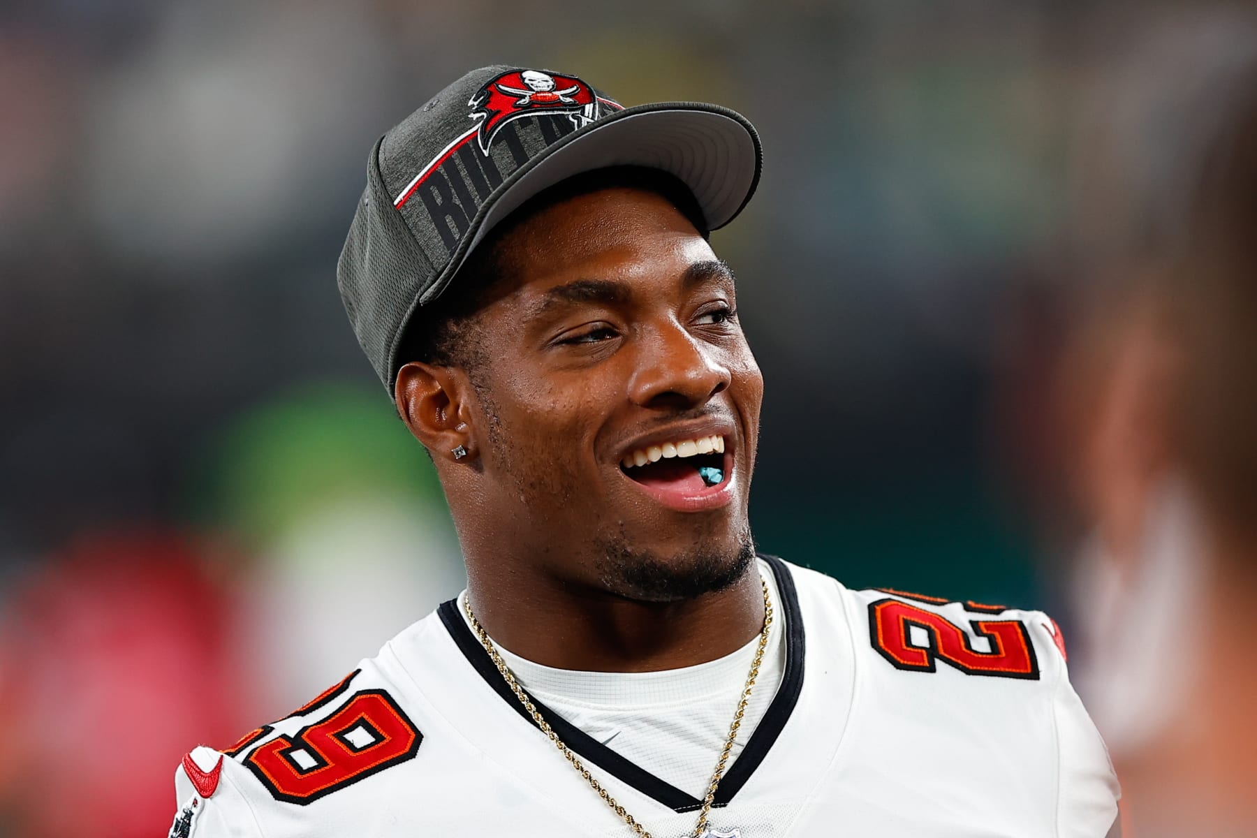 EAST RUTHERFORD, NJ - AUGUST 19:  Christian Izien #29 of the Tampa Bay Buccaneers during the Preseason game against the New York Jets on August 19, 2023 at MetLife Stadium in East Rutherford, New Jersey.  (Photo by Rich Graessle/Icon Sportswire via Getty Images)