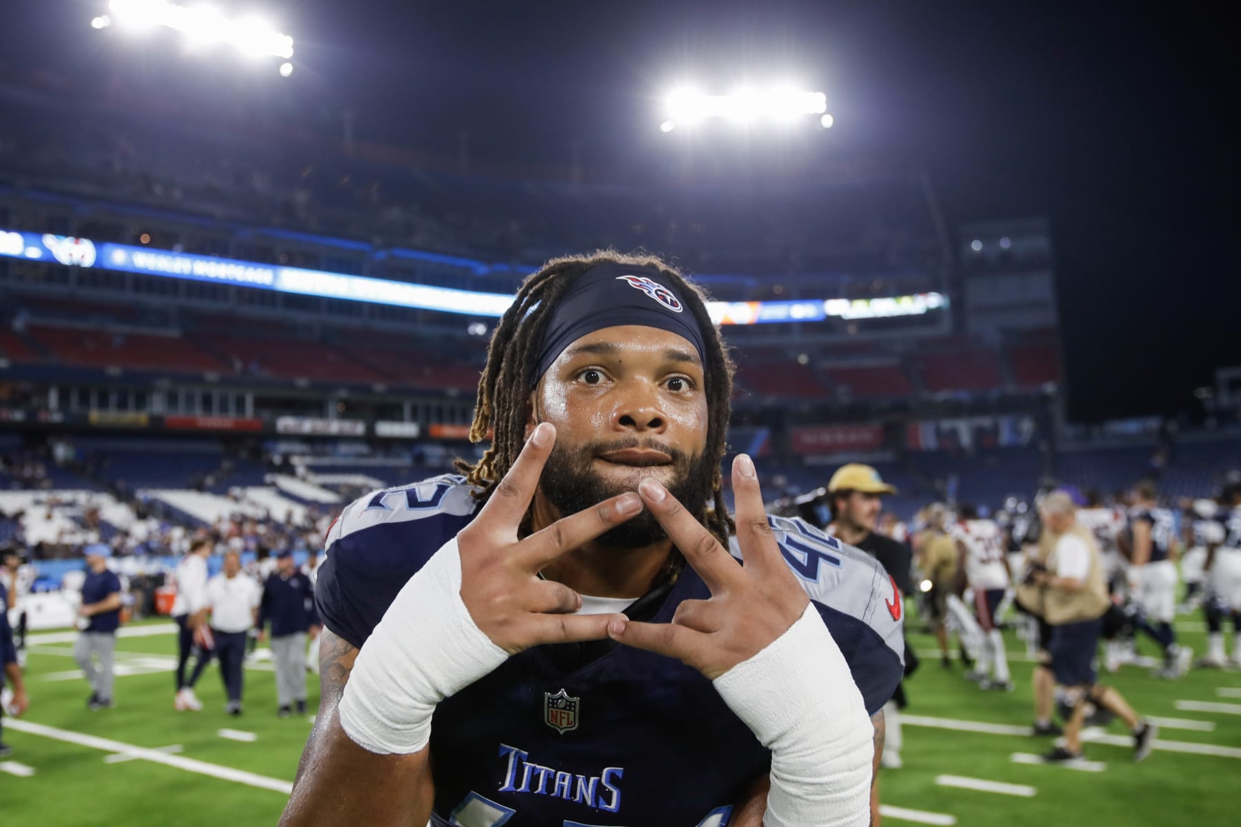 NASHVILLE, TENNESSEE - AUGUST 25: Caleb Murphy #42 of the Tennessee Titans runs off the field after the preseason game against the New England Patriots at Nissan Stadium on August 25, 2023 in Nashville, Tennessee. (Photo by Silas Walker/Getty Images)
