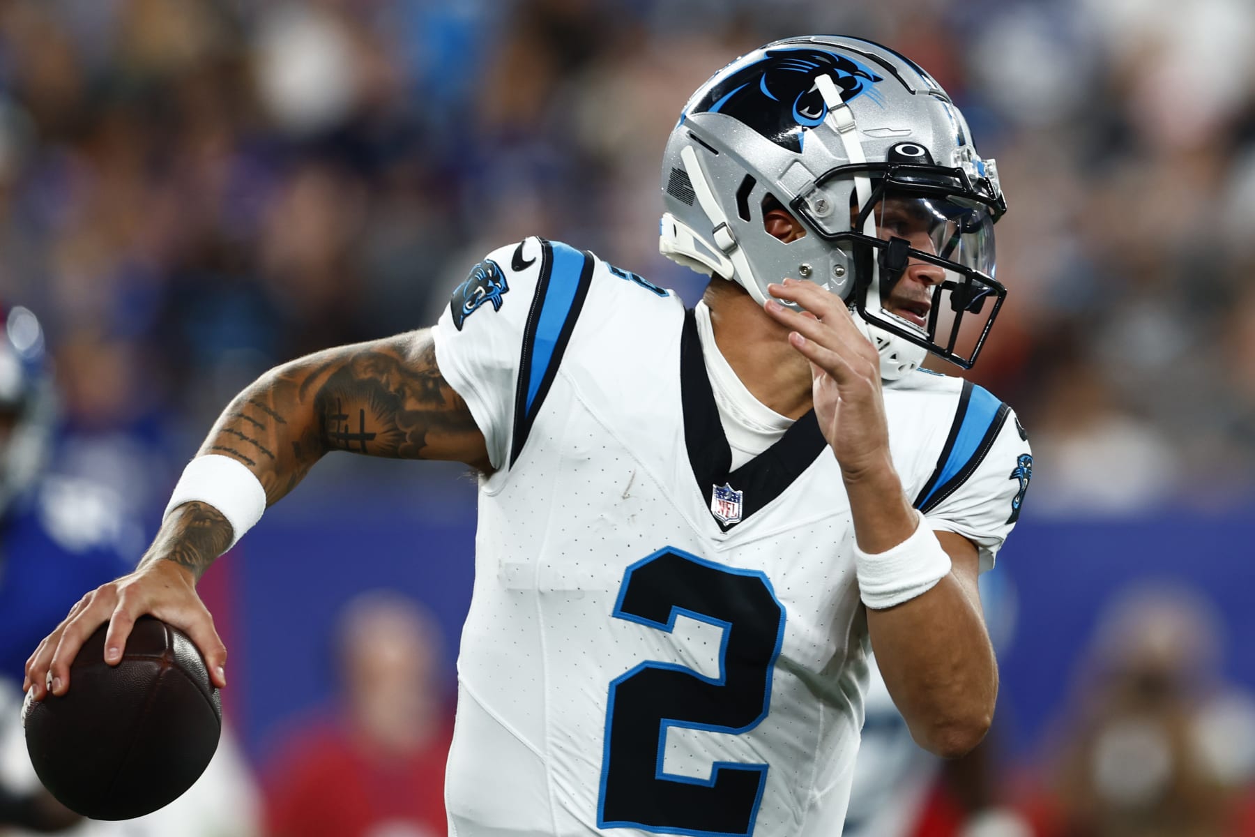 EAST RUTHERFORD, NEW JERSEY - AUGUST 18: Matt Corral #2 of the Carolina Panthers in action against the New York Giants during a pre-season football game at MetLife Stadium on August 18, 2023 in East Rutherford, New Jersey. (Photo by Rich Schultz/Getty Images)