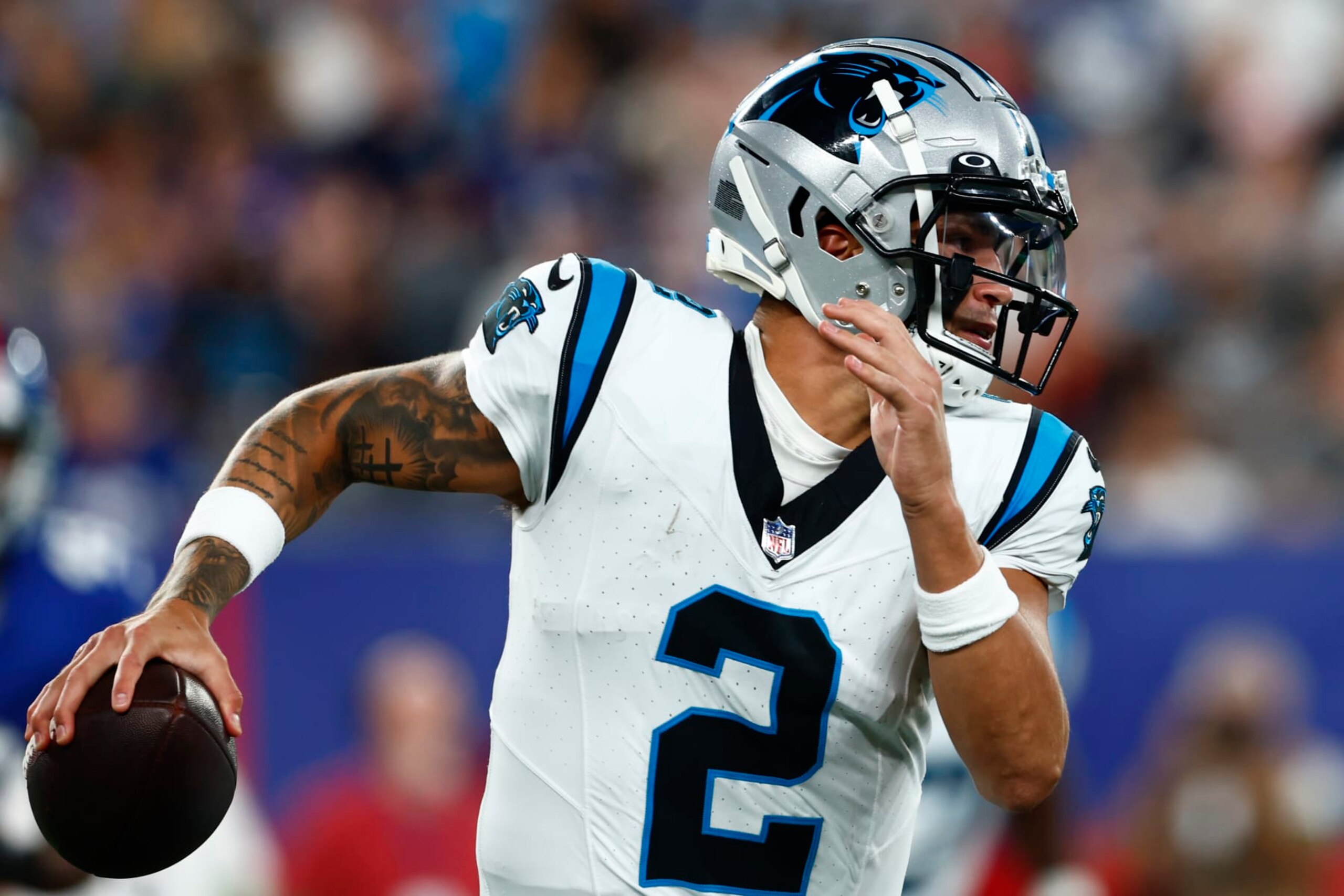 EAST RUTHERFORD, NEW JERSEY - AUGUST 18: Matt Corral #2 of the Carolina Panthers in action against the New York Giants during a pre-season football game at MetLife Stadium on August 18, 2023 in East Rutherford, New Jersey. (Photo by Rich Schultz/Getty Images)
