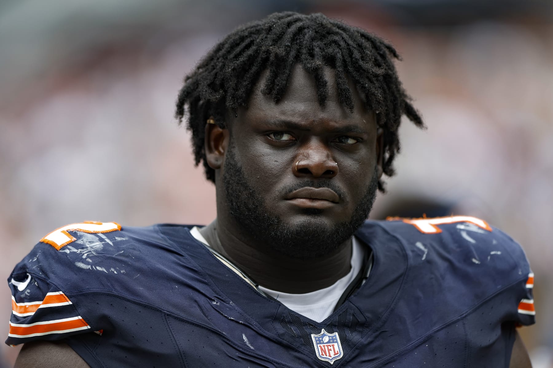 Chicago Bears offensive tackle Alex Leatherwood (72) walks on the sidelines during the second half of an NFL preseason football game against the Buffalo Bills, Saturday, Aug. 26, 2023, in Chicago. (AP Photo/Kamil Krzaczynski)