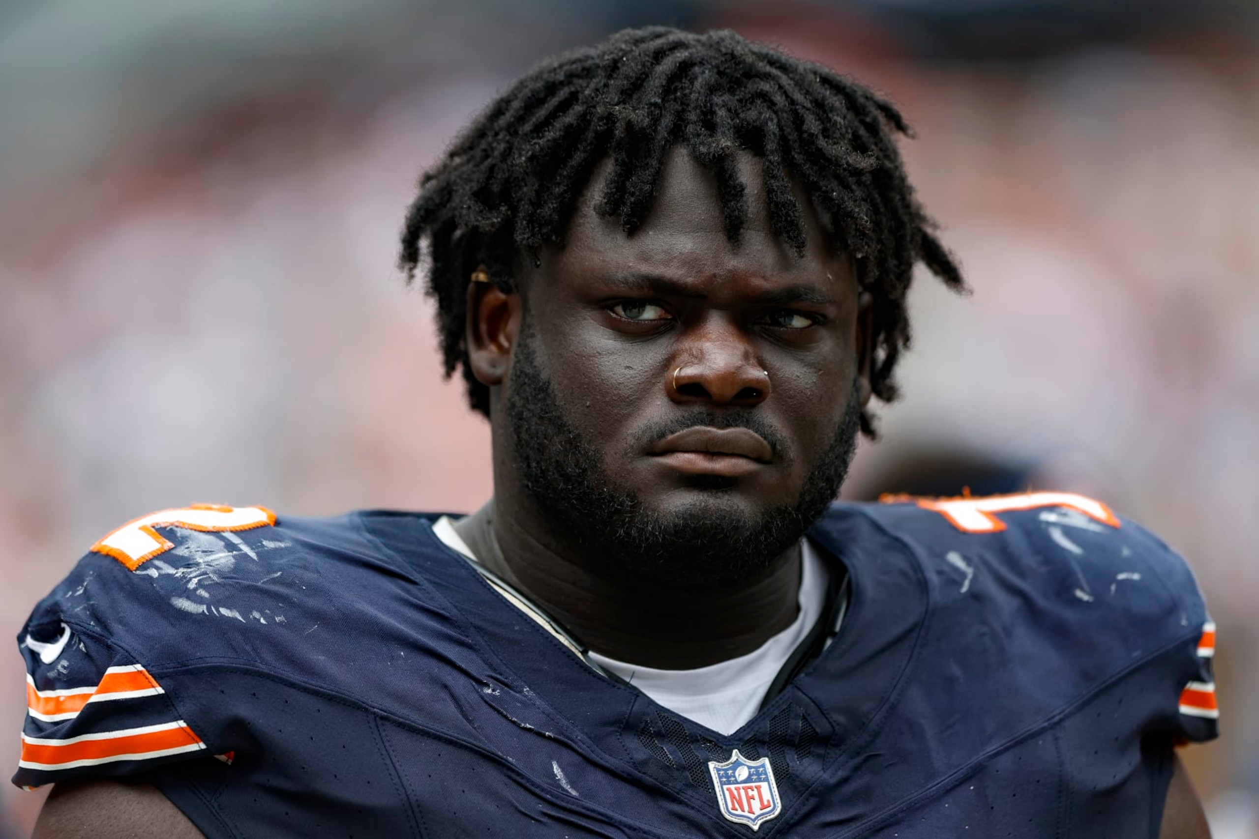 Chicago Bears offensive tackle Alex Leatherwood (72) walks on the sidelines during the second half of an NFL preseason football game against the Buffalo Bills, Saturday, Aug. 26, 2023, in Chicago. (AP Photo/Kamil Krzaczynski)