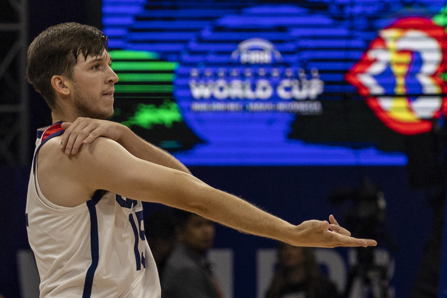 MANILA, PHILIPPINES - AUGUST 30: Austin Reaves #15 of USA celebrates after scoring during the FIBA Basketball World Cup Group C game between United States and Jordan at Mall of Asia Arena on August 30, 2023 in Pasay, Metro Manila, Philippines. (Photo by Ezra Acayan/Getty Images)