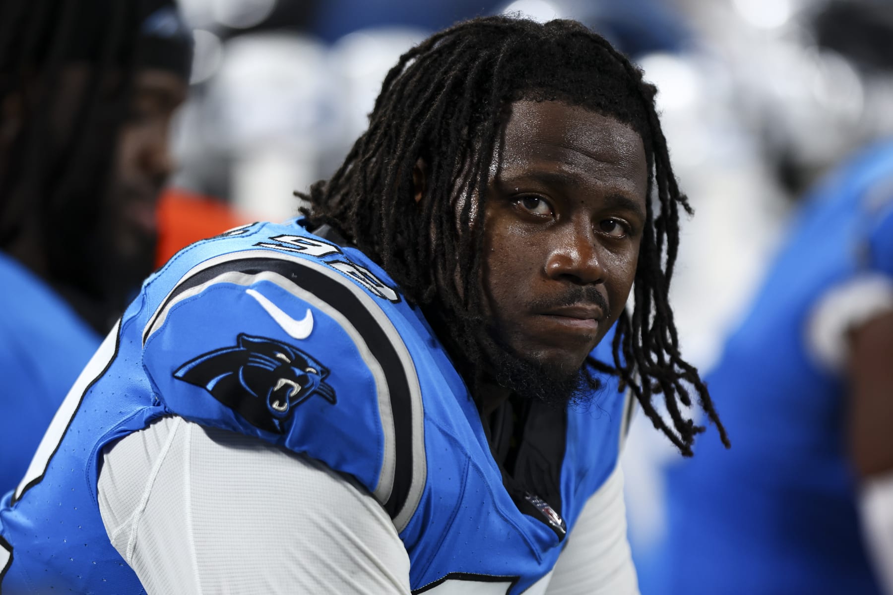 CHARLOTTE, NC - AUGUST 25: Raequan Williams #92 of the Carolina Panthers sits on the bench during an NFL preseason football game against the Detroit Lions at Bank of America Stadium on August 25, 2023 in Charlotte, North Carolina. (Photo by Kevin Sabitus/Getty Images)
