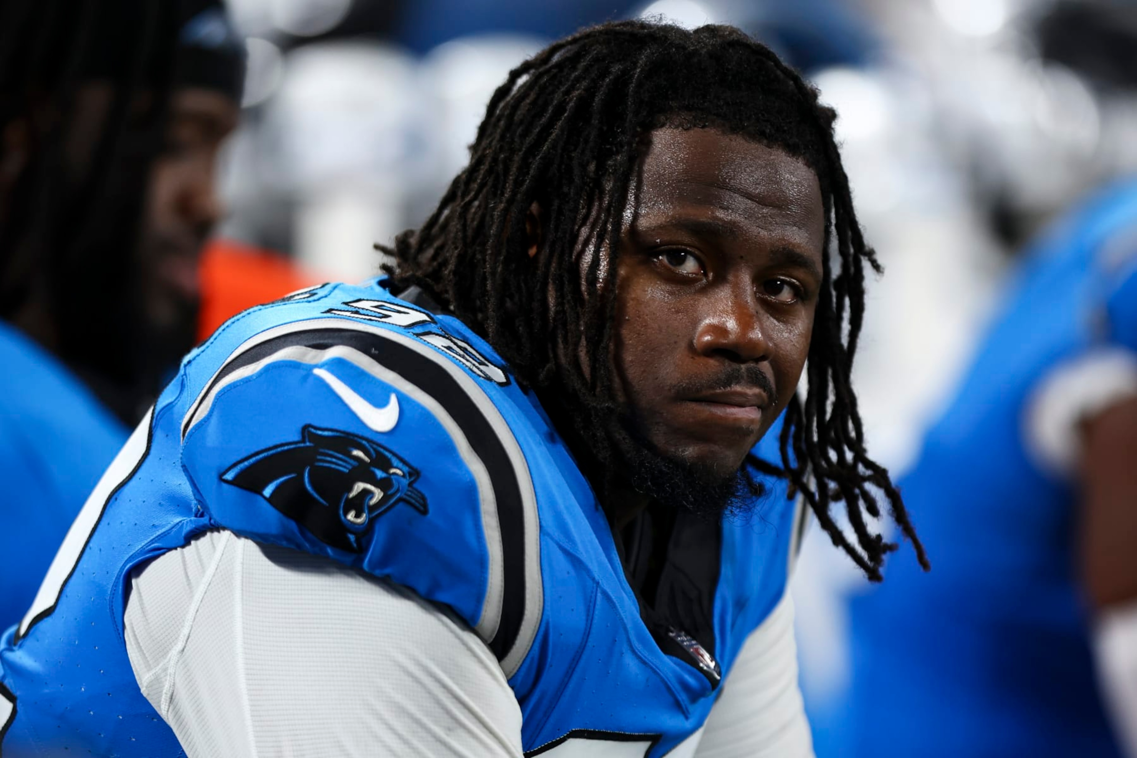 CHARLOTTE, NC - AUGUST 25: Raequan Williams #92 of the Carolina Panthers sits on the bench during an NFL preseason football game against the Detroit Lions at Bank of America Stadium on August 25, 2023 in Charlotte, North Carolina. (Photo by Kevin Sabitus/Getty Images) CHARLOTTE, NC - AUGUST 25: Raequan Williams #92 of the Carolina Panthers sits on the bench during an NFL preseason football game against the Detroit Lions at Bank of America Stadium on August 25, 2023 in Charlotte, North Carolina. (Photo by Kevin Sabitus/Getty Images)