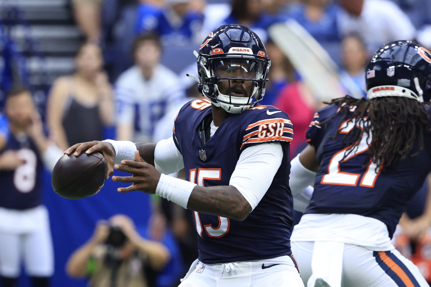 INDIANAPOLIS, INDIANA - AUGUST 19: PJ Walker #15 of the Chicago Bears throws a pass during the preseason game  against the Indianapolis Colts at Lucas Oil Stadium on August 19, 2023 in Indianapolis, Indiana. (Photo by Justin Casterline/Getty Images)