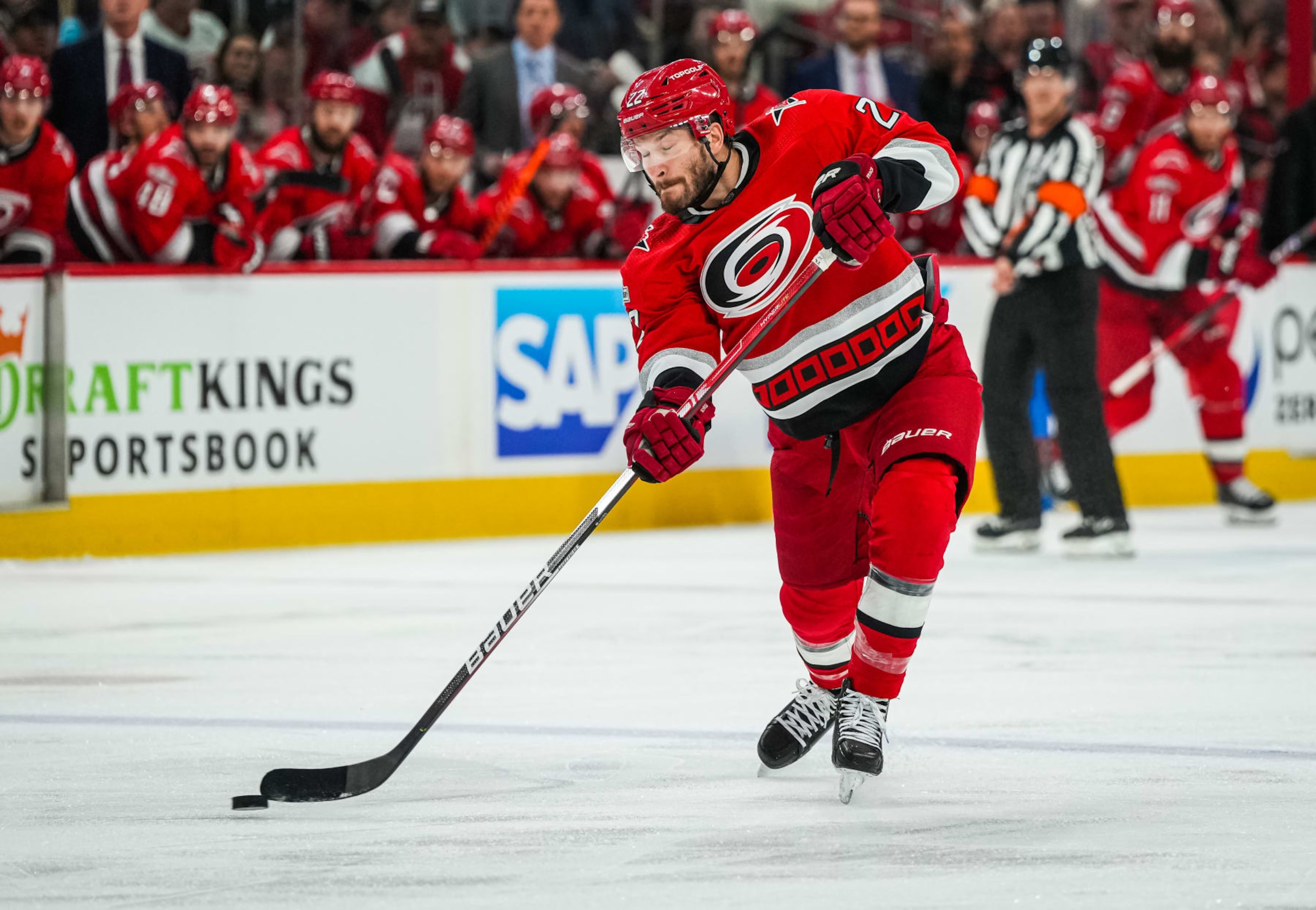 RALEIGH, NORTH CAROLINA - MAY 18: Brett Pesce #22 of the Carolina Hurricanes shoots the puck during the first period against the Florida Panthers in Game One of the Eastern Conference Final of the 2023 Stanley Cup Playoffs at PNC Arena on May 18, 2023 in Raleigh, North Carolina. (Photo by Josh Lavallee/NHLI via Getty Images) RALEIGH, NORTH CAROLINA - MAY 18: Brett Pesce #22 of the Carolina Hurricanes shoots the puck during the first period against the Florida Panthers in Game One of the Eastern Conference Final of the 2023 Stanley Cup Playoffs at PNC Arena on May 18, 2023 in Raleigh, North Carolina. (Photo by Josh Lavallee/NHLI via Getty Images)