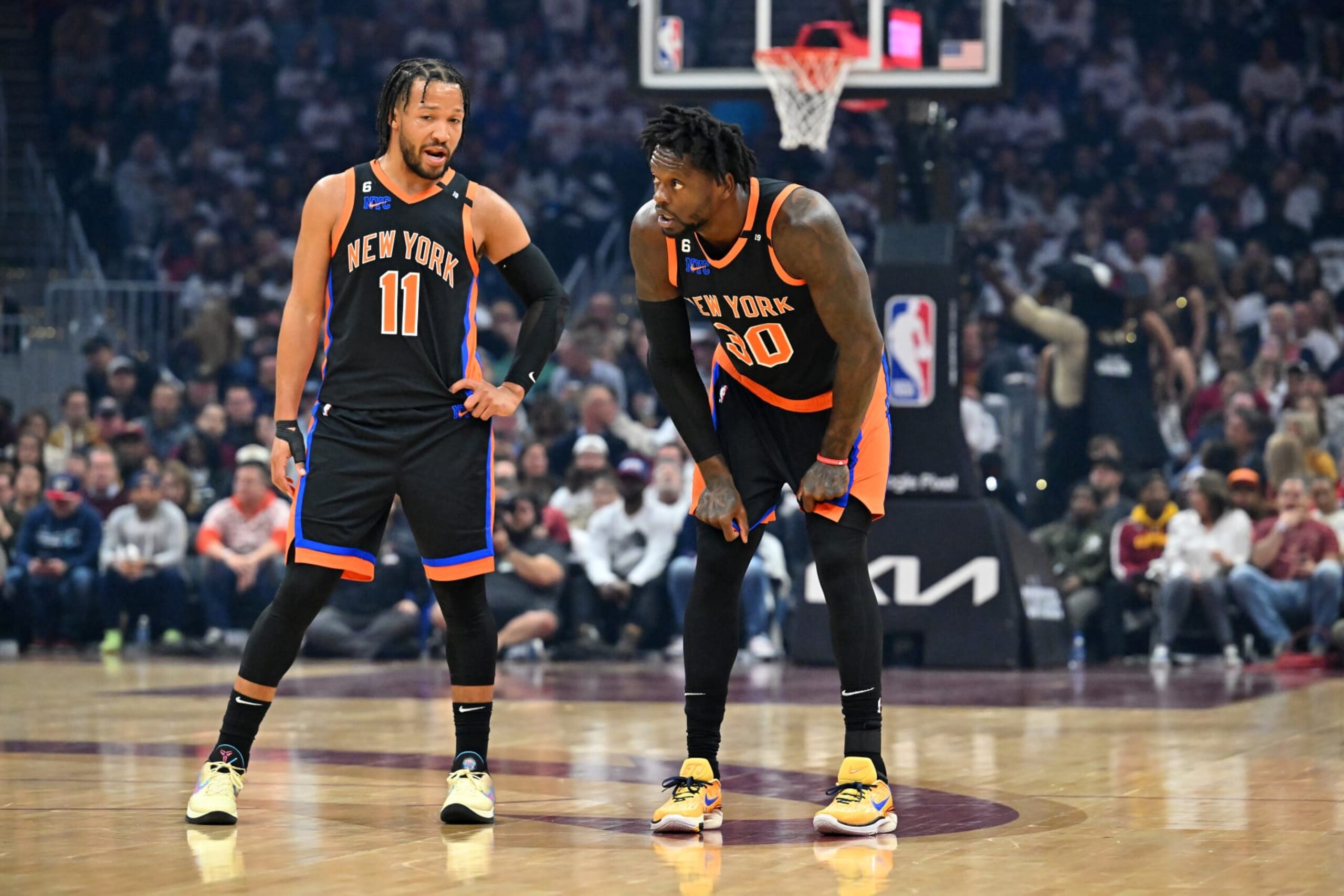 CLEVELAND, OHIO - APRIL 18: Jalen Brunson #11 talks with Julius Randle #30 of the New York Knicks during the first quarter of Game Two of the Eastern Conference First Round Playoffs at Rocket Mortgage Fieldhouse on April 18, 2023 in Cleveland, Ohio. NOTE TO USER: User expressly acknowledges and agrees that, by downloading and or using this photograph, User is consenting to the terms and conditions of the Getty Images License Agreement. (Photo by Jason Miller/Getty Images)