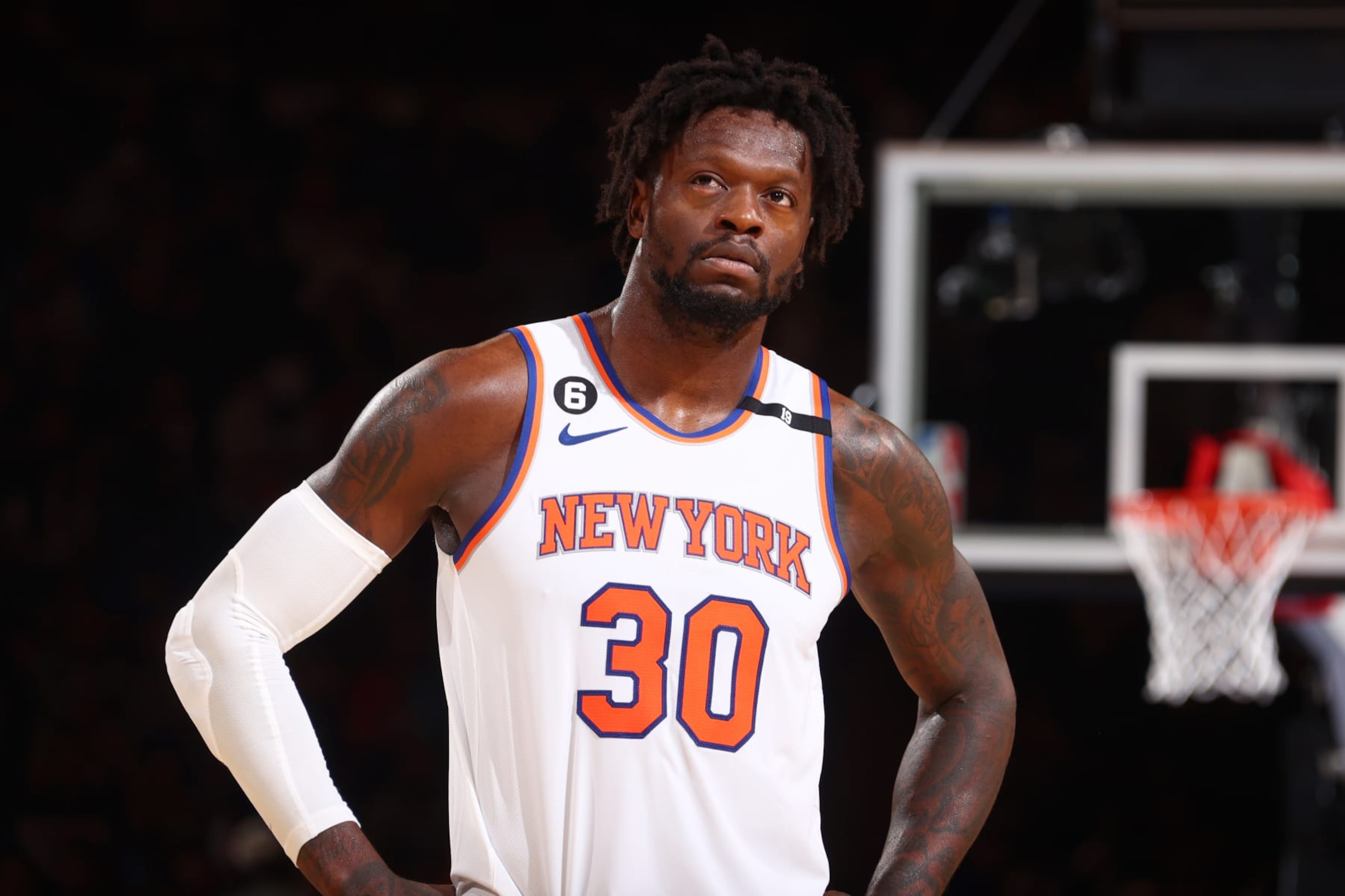 NEW YORK, NY - MAY 10: Julius Randle #30 of the New York Knicks looks on during Round 2 Game 5 of the Semi-Finals 2023 NBA Playoffs against the Miami Heat on May 10, 2023 at Madison Square Garden in New York City, New York.  NOTE TO USER: User expressly acknowledges and agrees that, by downloading and or using this photograph, User is consenting to the terms and conditions of the Getty Images License Agreement. Mandatory Copyright Notice: Copyright 2023 NBAE  (Photo by Nathaniel S. Butler/NBAE via Getty Images)