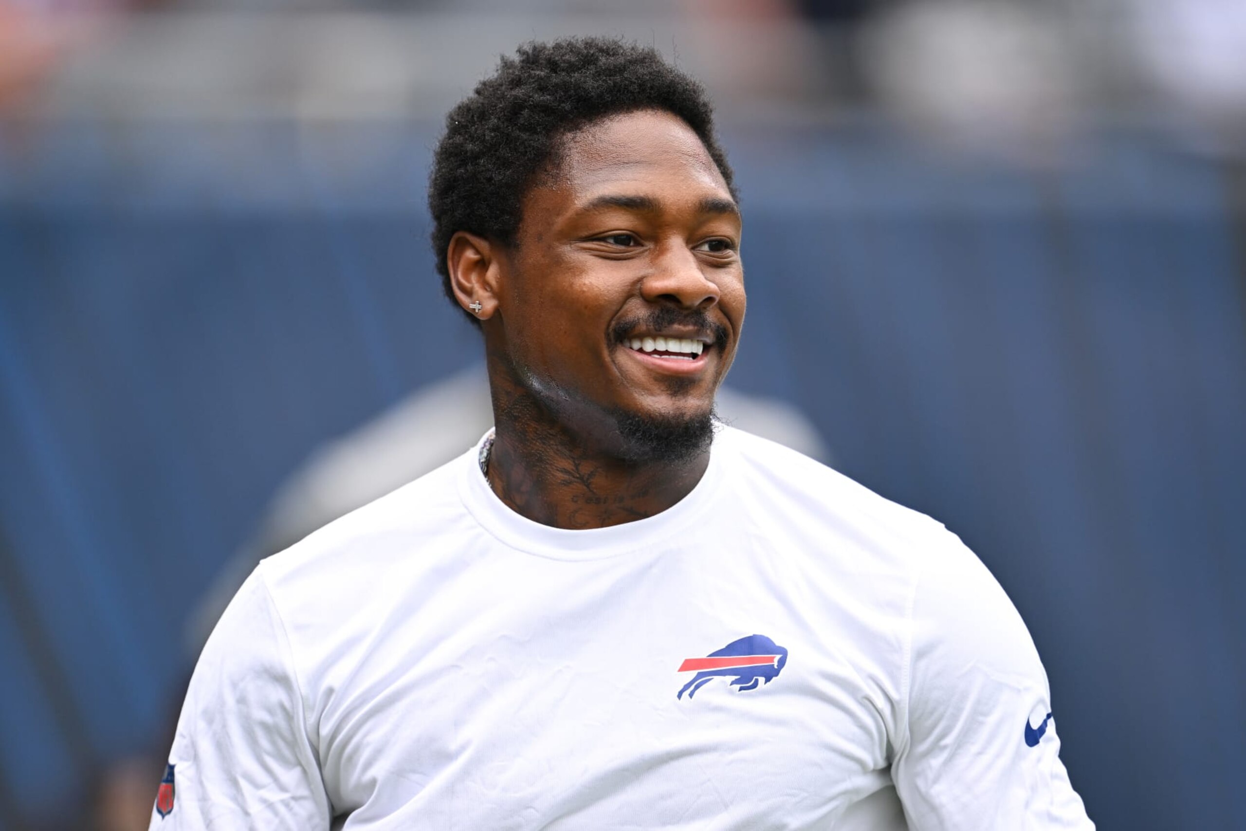 CHICAGO, ILLINOIS - AUGUST 26: Stefon Diggs #14 of the Buffalo Bills warms up before a preseason game against the Chicago Bears at Soldier Field on August 26, 2023 in Chicago, Illinois. (Photo by Quinn Harris/Getty Images)