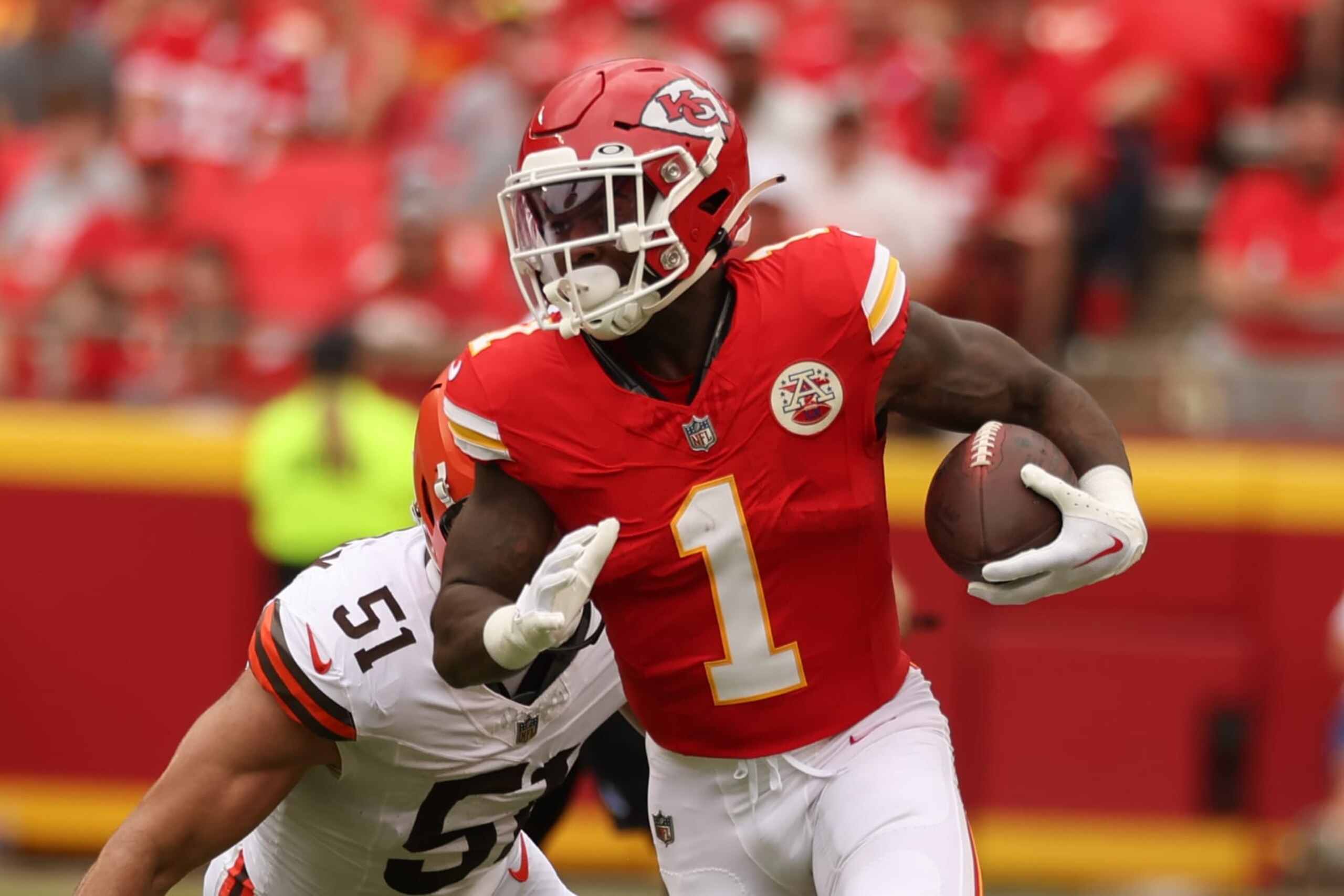 KANSAS CITY, MO - AUGUST 26: Kansas City Chiefs running back Jerick McKinnon (1) finds running room in the first quarter of an NFL preseason game between the Cleveland Browns and Kansas City Chiefs on Aug 26, 2023 at GEHA Field at Arrowhead Stadium in Kansas City, MO. (Photo by Scott Winters/Icon Sportswire via Getty Images)