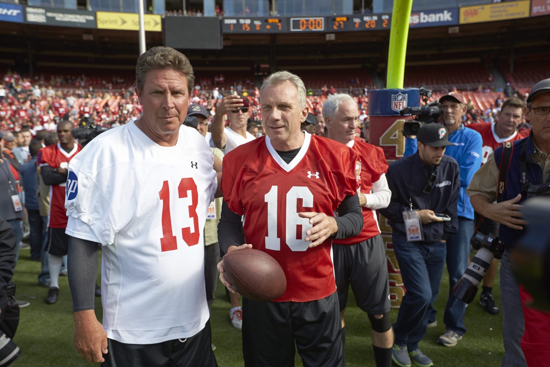Football: Legends of Candlestick: Former San Francisco 49ers QB Joe Montana (16) with former Miami Dolphins QB Dan Marino (13) before flag football game at Candlestick Park. 
San Francisco, CA 7/12/2014
CREDIT: Brad Mangin (Photo by Brad Mangin /Sports Illustrated via Getty Images)
(Set Number: X158459 TK1 )