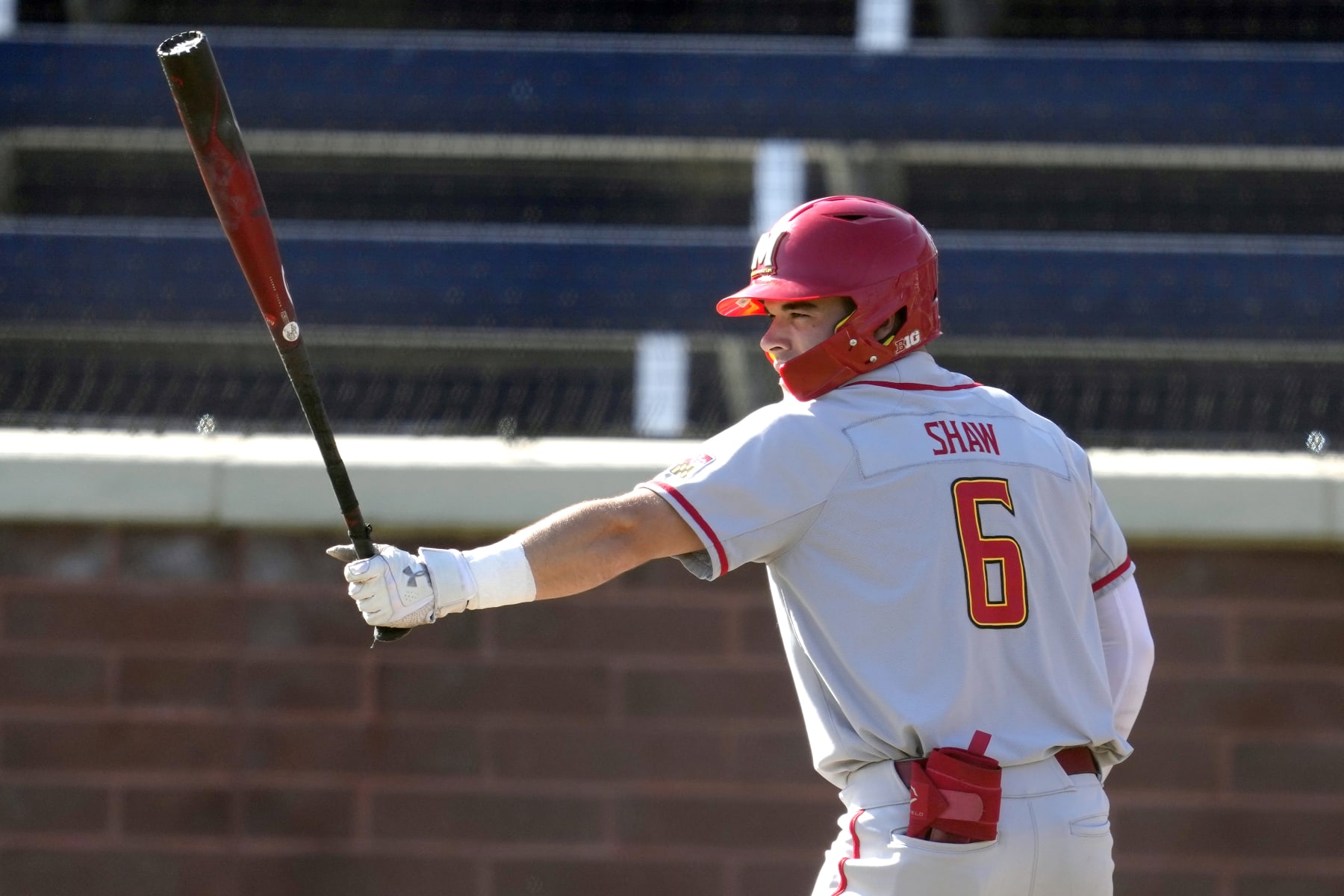 ARLINGTON  VIRGINIA - APRIL 18:   Matt Shaw #6 of the Maryland Terrapins prepares for a pitch during a college baseball game against the George Washington Colonials at Tucker Field on April 18, 2023 in Arlington, Virginia.  (Photo by Mitchell Layton/Getty Images)