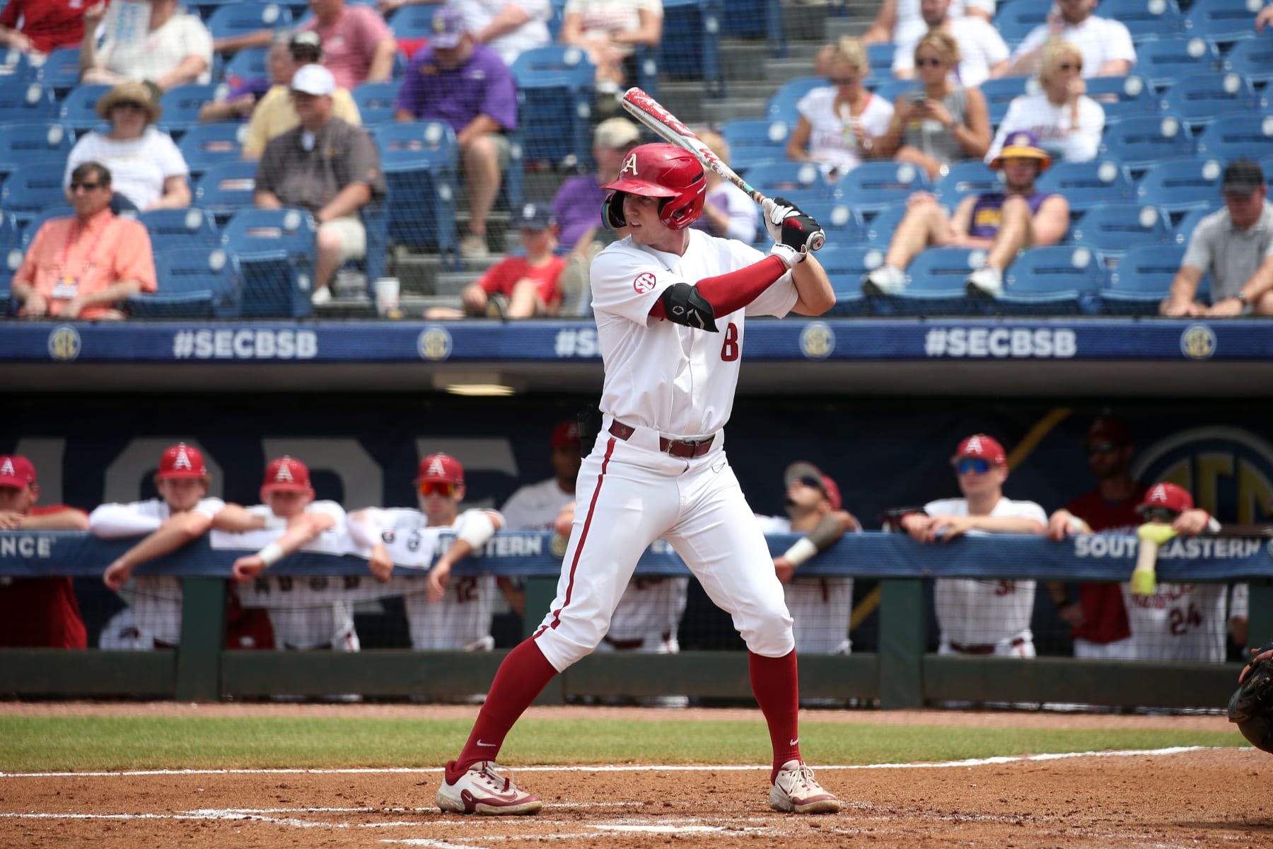 HOOVER, AL - MAY 24: Arkansas Razorbacks outfielder Jace Bohrofen (8) during the 2023 SEC Baseball Tournament game between the Arkansas Razorbacks and the Texas A&M Aggies on May 24, 2023 at Hoover Metropolitan Stadium in Hoover, Alabama.  (Photo by Michael Wade/Icon Sportswire via Getty Images)