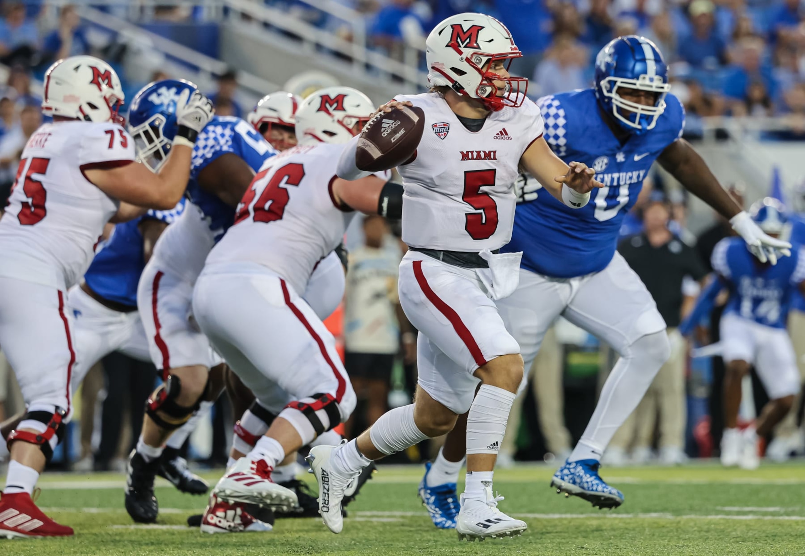 LEXINGTON, KY - SEPTEMBER 03: Brett Gabbert #5 of the Miami (Oh) Redhawks is seen during the game against the Kentucky Wildcats at Kroger Field on September 3, 2022 in Lexington, Kentucky. (Photo by Michael Hickey/Getty Images)