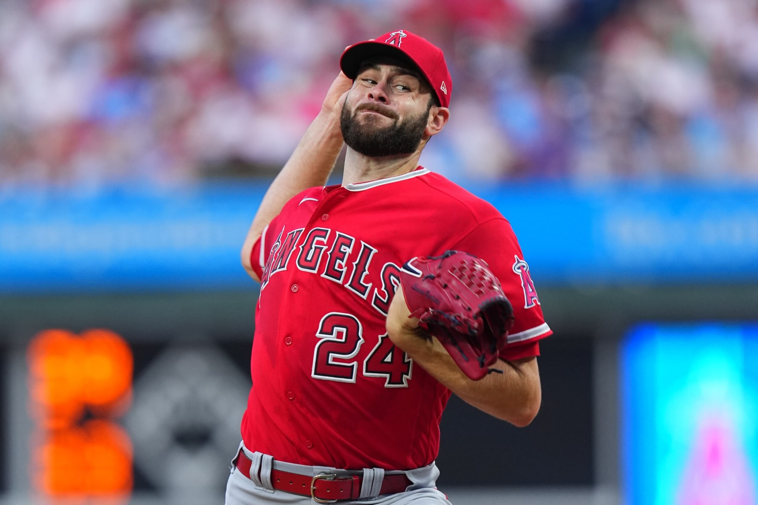 PHILADELPHIA, PENNSYLVANIA - AUGUST 28: Lucas Giolito #24 of the Los Angeles Angels throws a pitch in the bottom of the first inning against the Philadelphia Phillies at Citizens Bank Park on August 28, 2023 in Philadelphia, Pennsylvania. (Photo by Mitchell Leff/Getty Images)