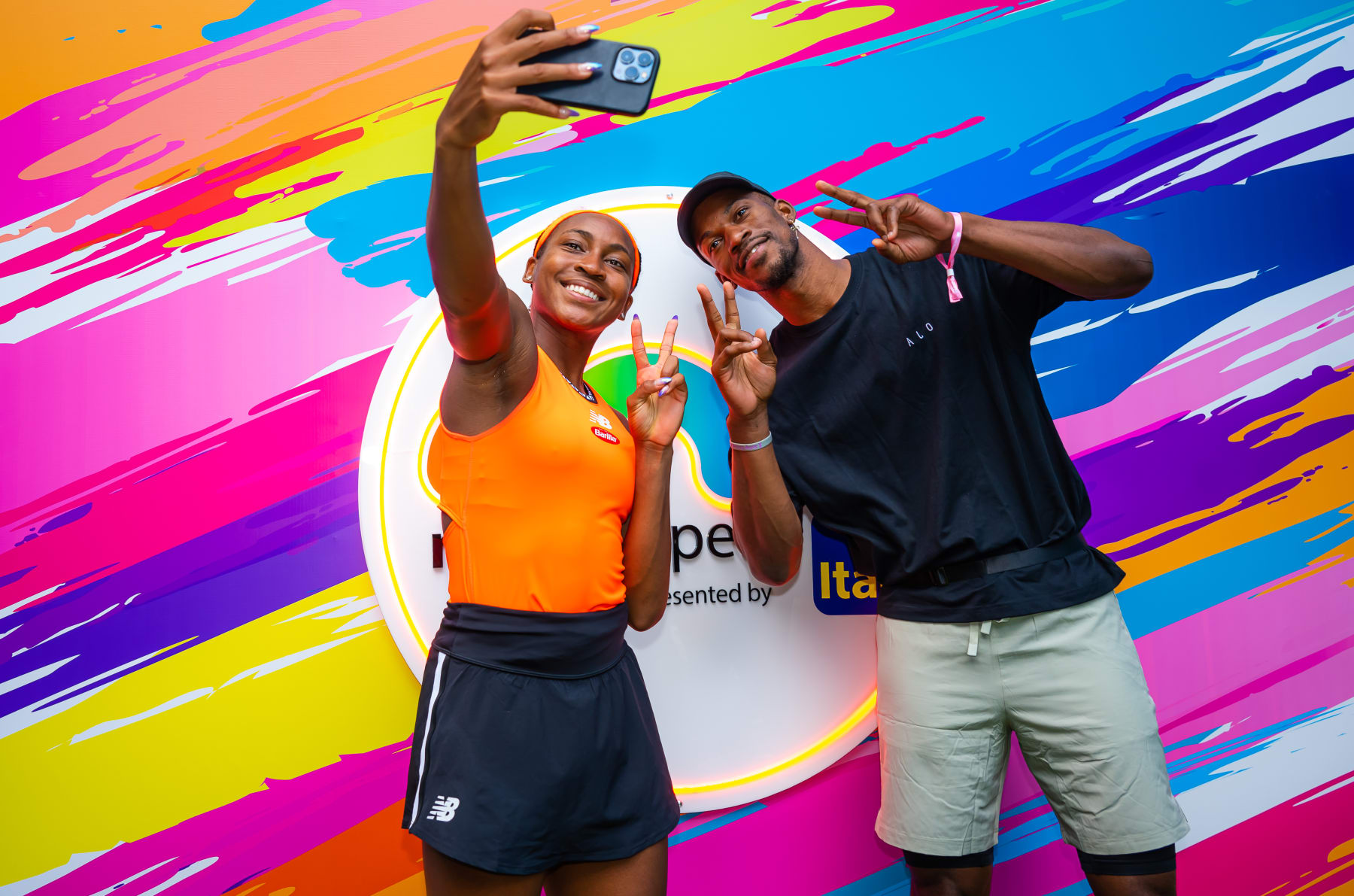 MIAMI GARDENS, FLORIDA - MARCH 23: Coco Gauff meets Jimmy Butler of the Miami Heat after defeating Rebecca Marino of Canada in her second-round match on Day 5 of the Miami Open at Hard Rock Stadium on March 23, 2023 in Miami Gardens, Florida (Photo by Robert Prange/Getty Images)