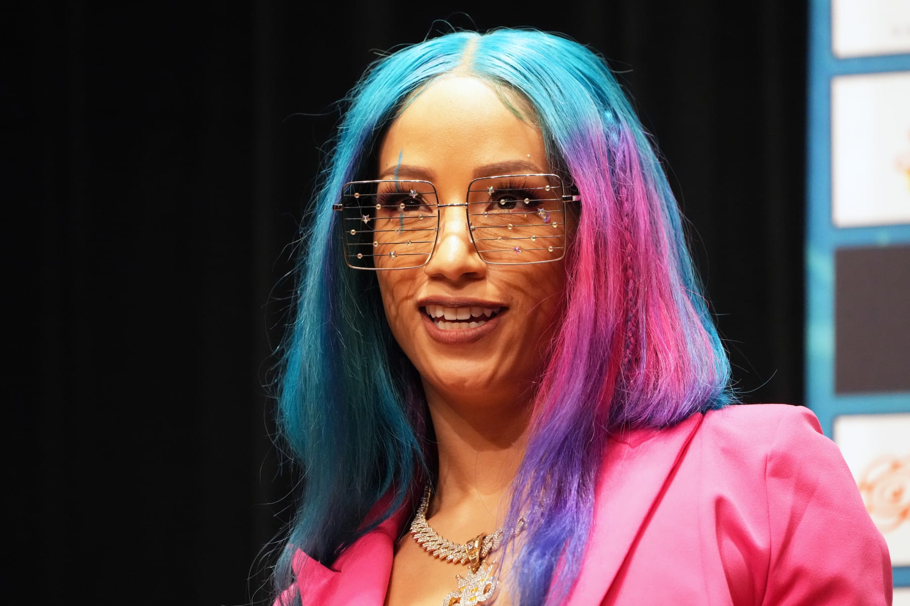 TOKYO, JAPAN - APRIL 07: Mercedes Mone (Sasha Banks) looks on during the New Japan Pro-Wrestling Press Conference on April 07, 2023 in Tokyo, Japan. (Photo by Etsuo Hara/Getty Images)
