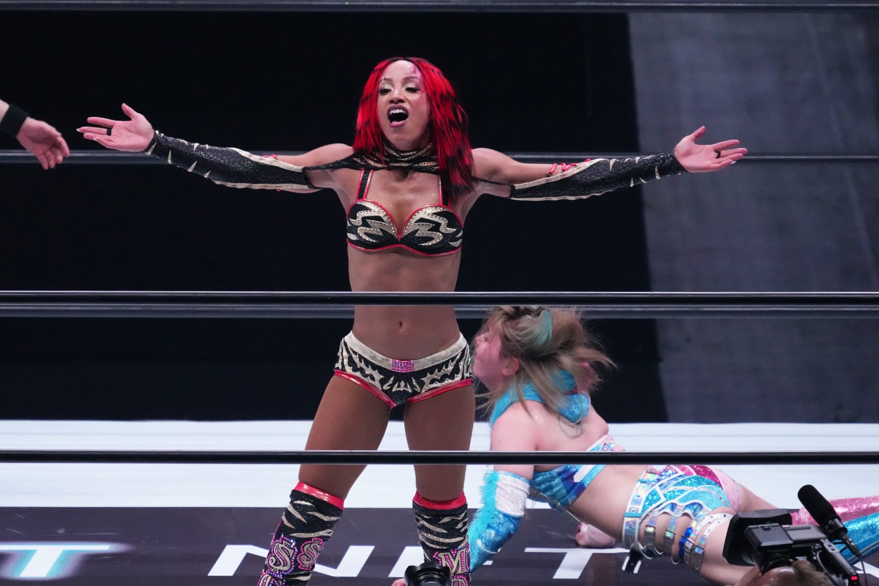 YOKOHAMA, JAPAN - APRIL 23: Mercedes Mone reacts during the Women's Pro-Wrestling "Stardom" - Allstar Grand Queendom 2023 at Yokohama Arena on April 23, 2023 in Yokohama, Kanagawa, Japan. (Photo by Etsuo Hara/Getty Images)