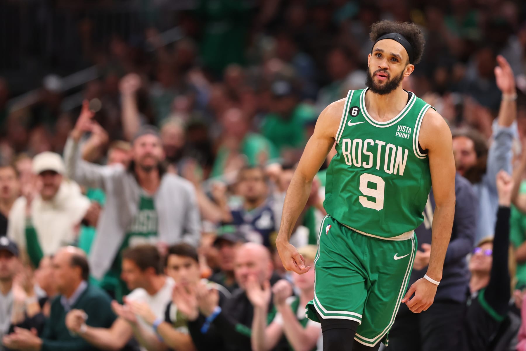 BOSTON, MASSACHUSETTS - MAY 29: Derrick White #9 of the Boston Celtics reacts after making a three point basket during the third quarter against the Miami Heat in game seven of the Eastern Conference Finals at TD Garden on May 29, 2023 in Boston, Massachusetts. NOTE TO USER: User expressly acknowledges and agrees that, by downloading and or using this photograph, User is consenting to the terms and conditions of the Getty Images License Agreement. (Photo by Maddie Meyer/Getty Images)