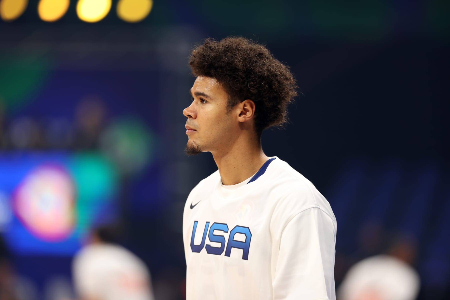 MANILA, PHILIPPINES - AUGUST 30:  Cam Johnson #6 of the USA Men's Senior National Team warms up before the game against Jordan as part of the 2023 FIBA World Cup on August 30, 2023 at Mall of Asia Arena in Manila, Philippines. NOTE TO USER: User expressly acknowledges and agrees that, by downloading and/or using this photograph, user is consenting to the terms and conditions of the Getty Images License Agreement. Mandatory Copyright Notice: Copyright 2023 NBAE (Photo by Stephen Gosling/NBAE via Getty Images)