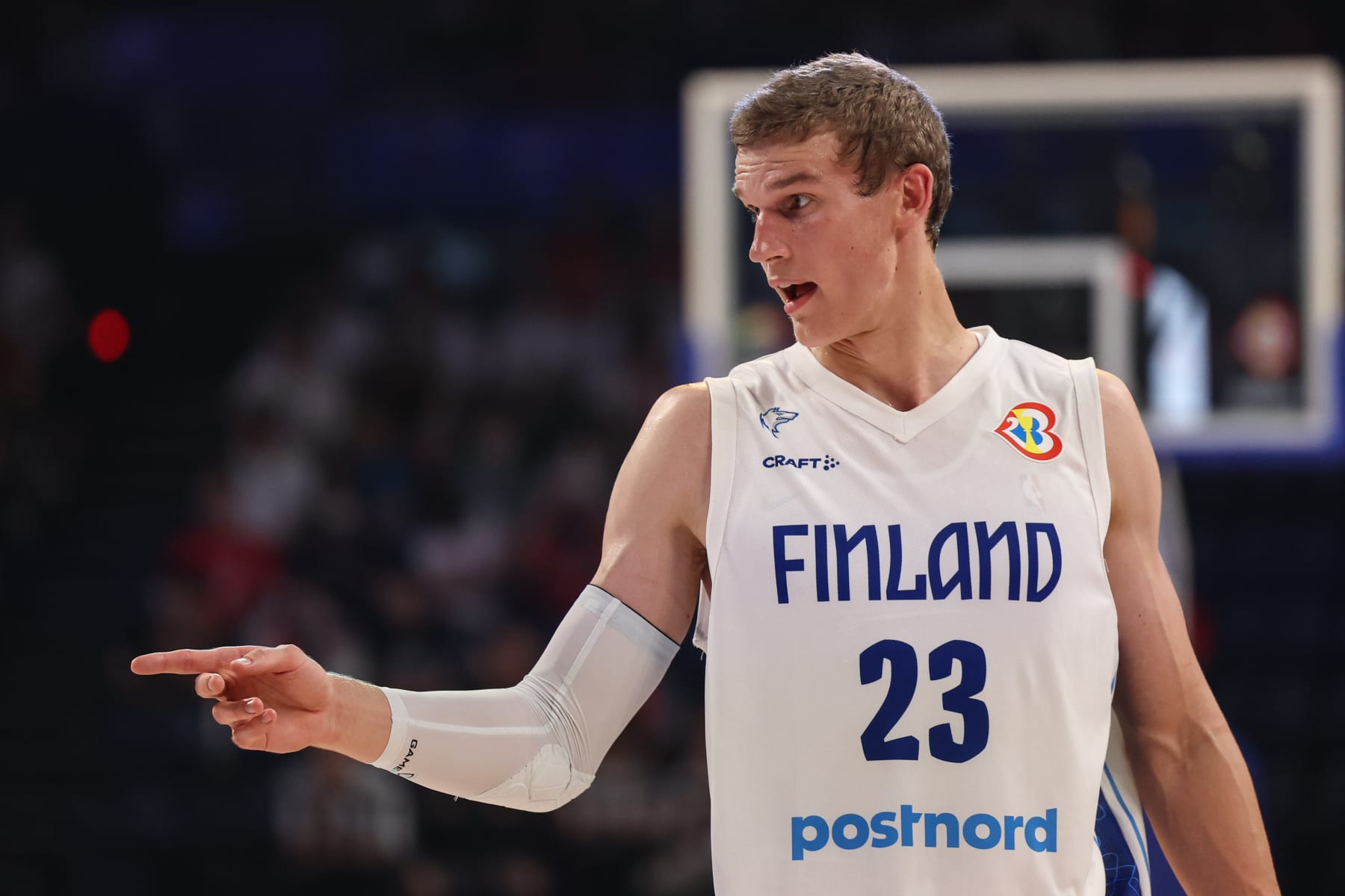 OKINAWA, JAPAN - AUGUST 25: Lauri Markkanen #23 of Finland looks on during the FIBA World Cup Group E game between Finland and Australia at Okinawa Arena on August 25, 2023 in Okinawa, Japan. (Photo by Takashi Aoyama/Getty Images)