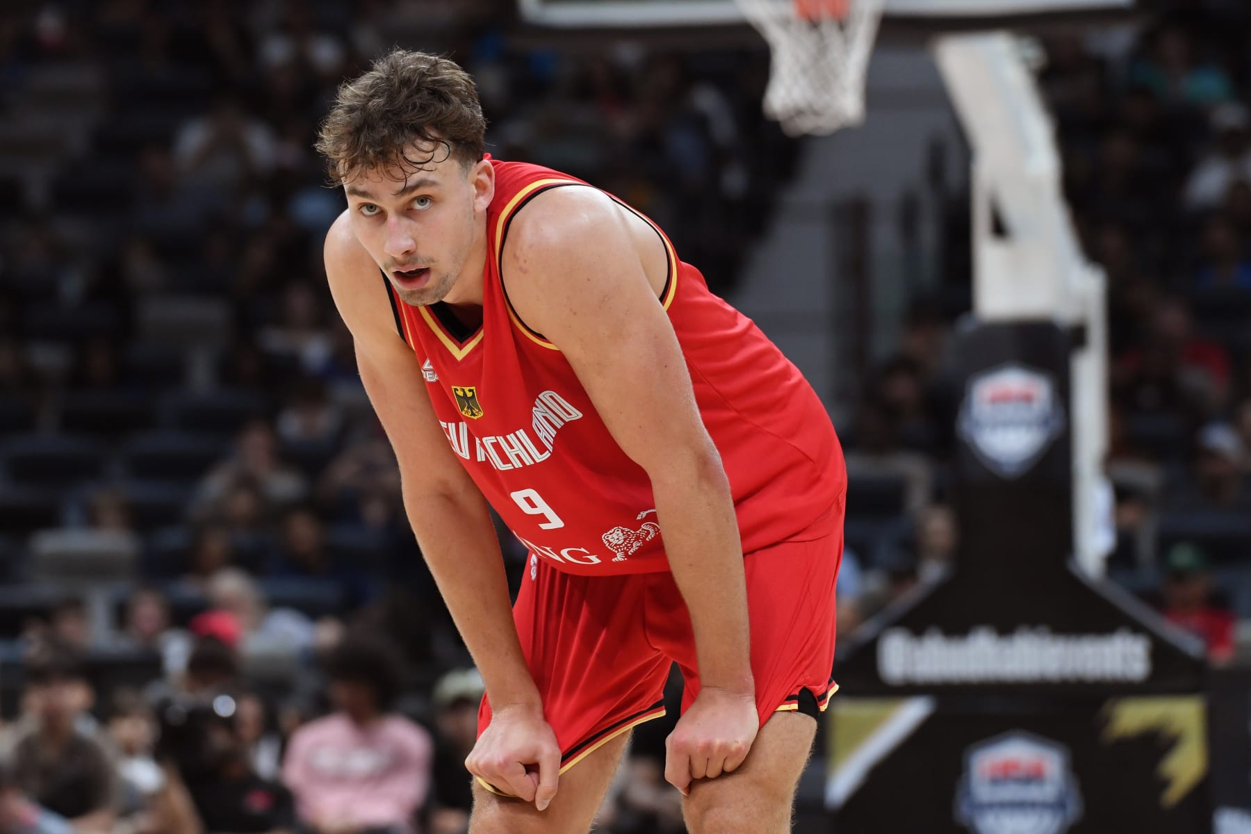 ABU DHABI, UAE - AUGUST 20: Franz Wagner of Germany looks on against the USA Senior Men's National Team as part of 2023 FIBA World Cup at Etihad Arena on August 20, 2023 in Abu Dhabi, The United Arab Emirates. NOTE TO USER: User expressly acknowledges and agrees that, by downloading and/or using this Photograph, user is consenting to the terms and conditions of the Getty Images License Agreement. Mandatory Copyright Notice: Copyright 2023 NBAE (Photo by Juan Ocampo/NBAE via Getty Images)